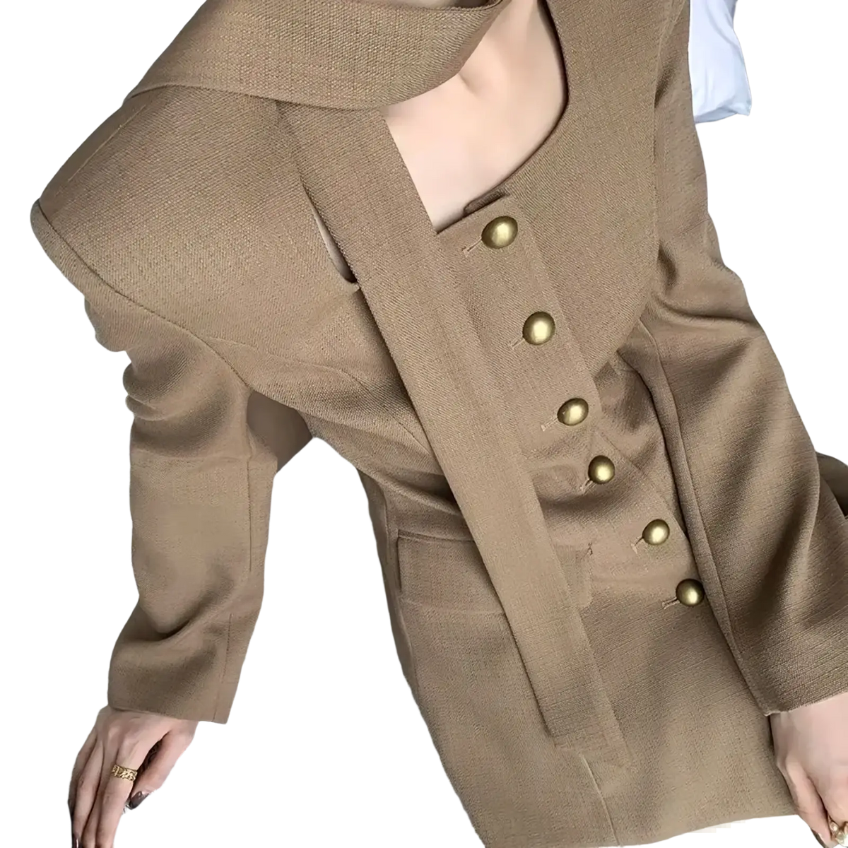 A structured camel square collar blazer with an oversized collar and gold-toned buttons down the front