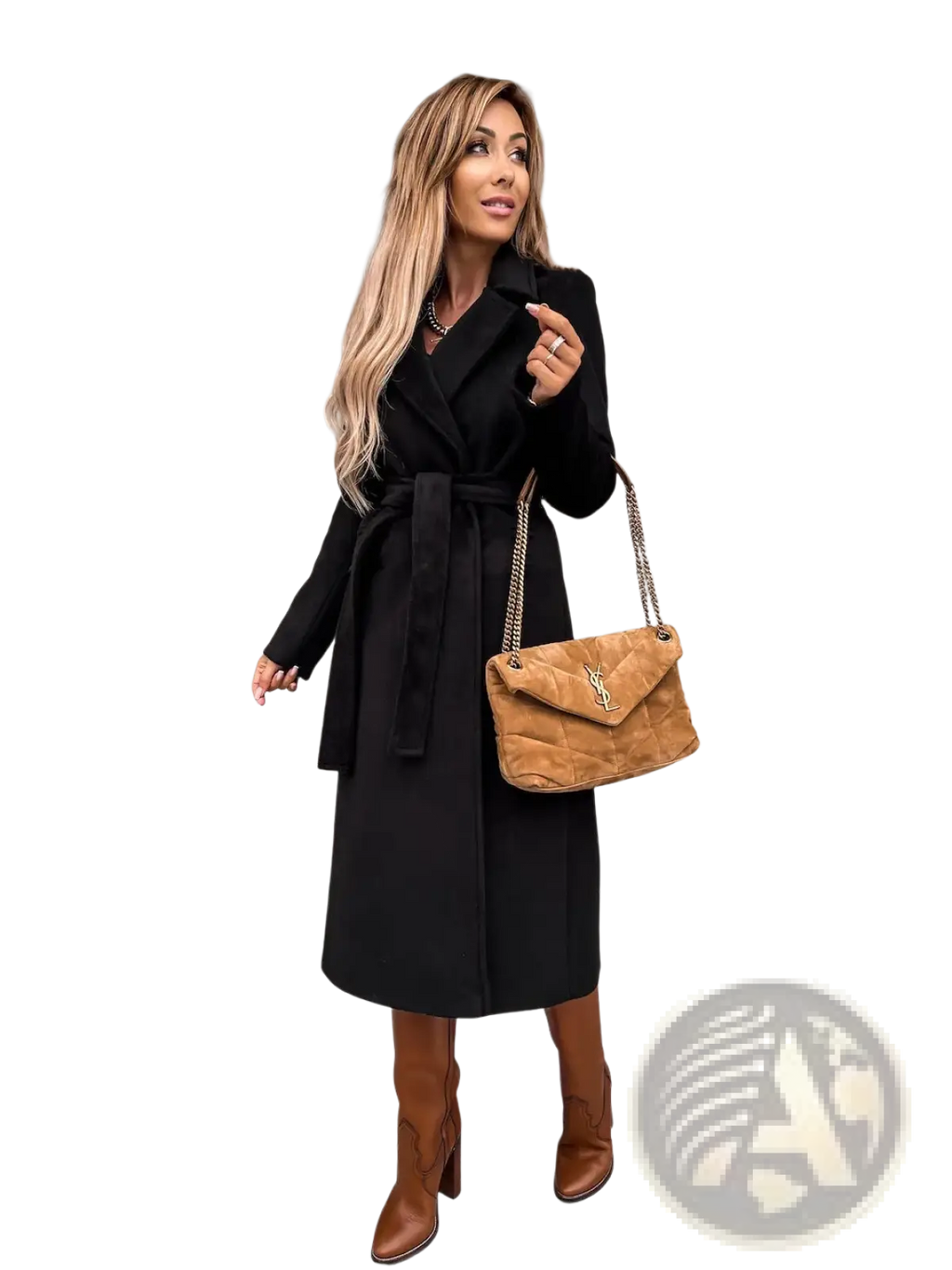 Tan quilted suede handbag with gold chain strap and ysl logo paired with camel wool trench coat for women