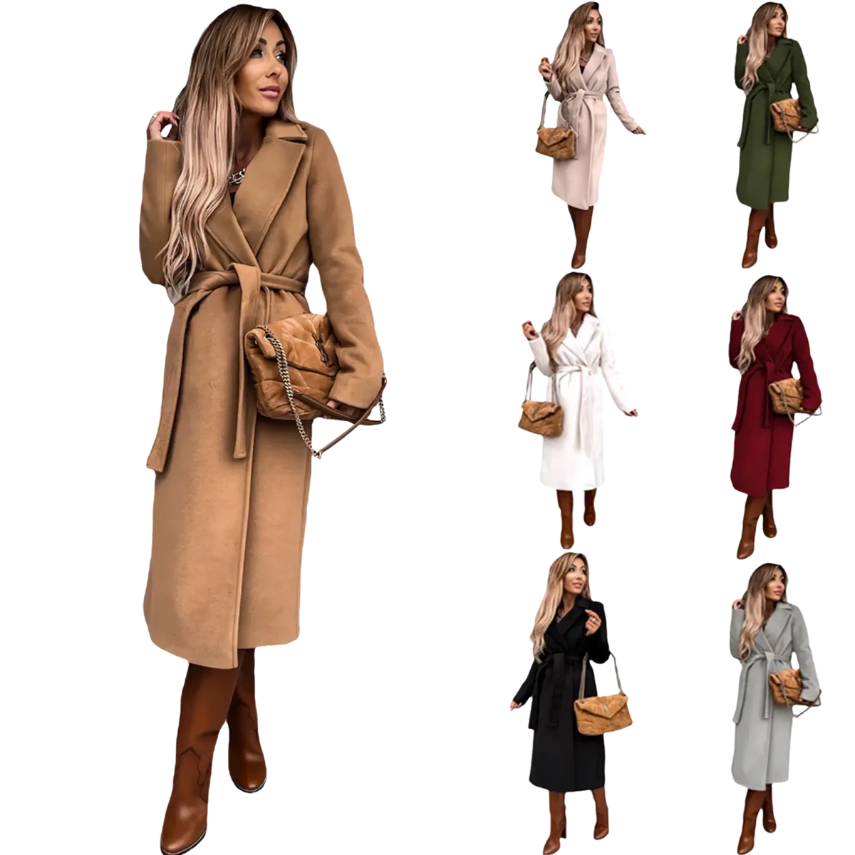 Camel wool trench coat for women with belted waist paired with matching camel quilted handbag