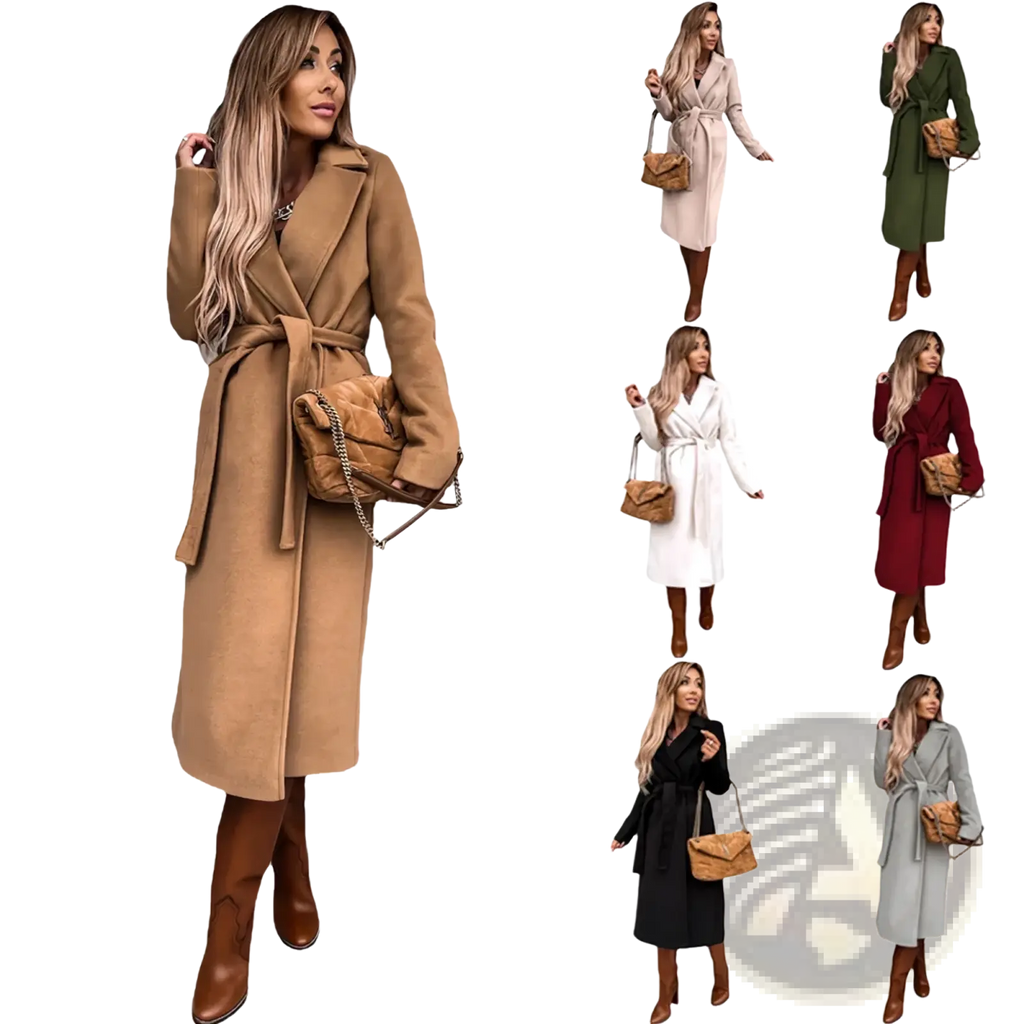 Camel wool trench coat for women with belted waist paired with matching camel quilted handbag