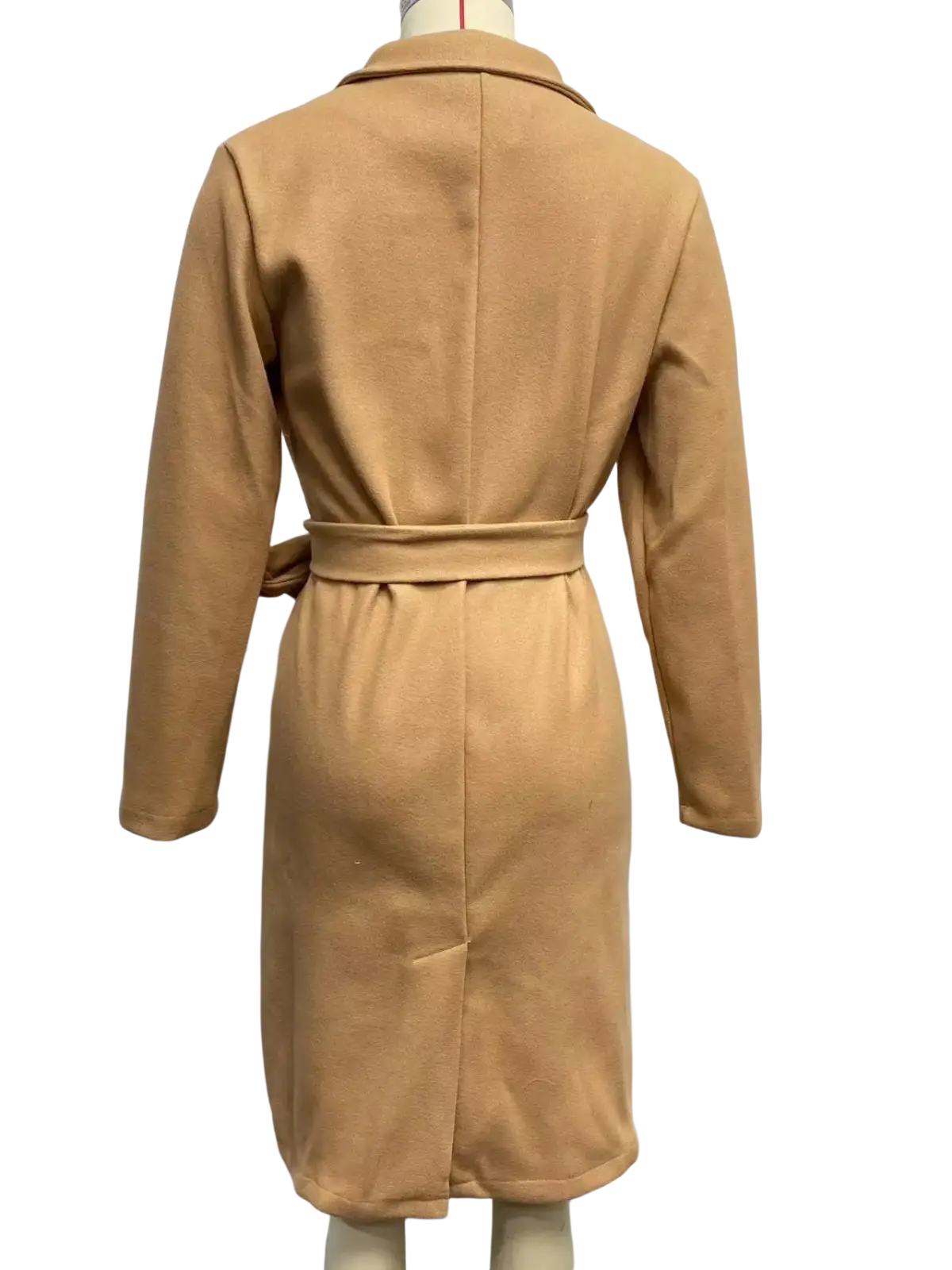 Camel wool trench coat for women in camel color with long sleeves, belted waist, and collar shown from the back