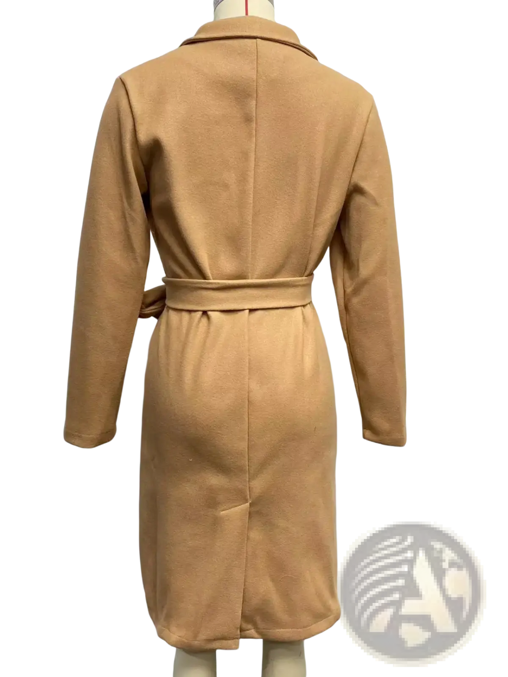 Camel wool trench coat for women in camel color with long sleeves, belted waist, and collar shown from the back