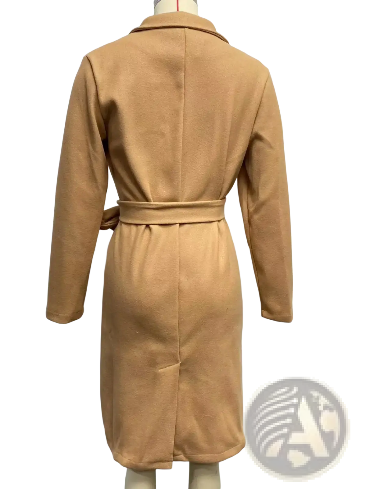 Camel wool trench coat for women in camel color with long sleeves, belted waist, and collar shown from the back