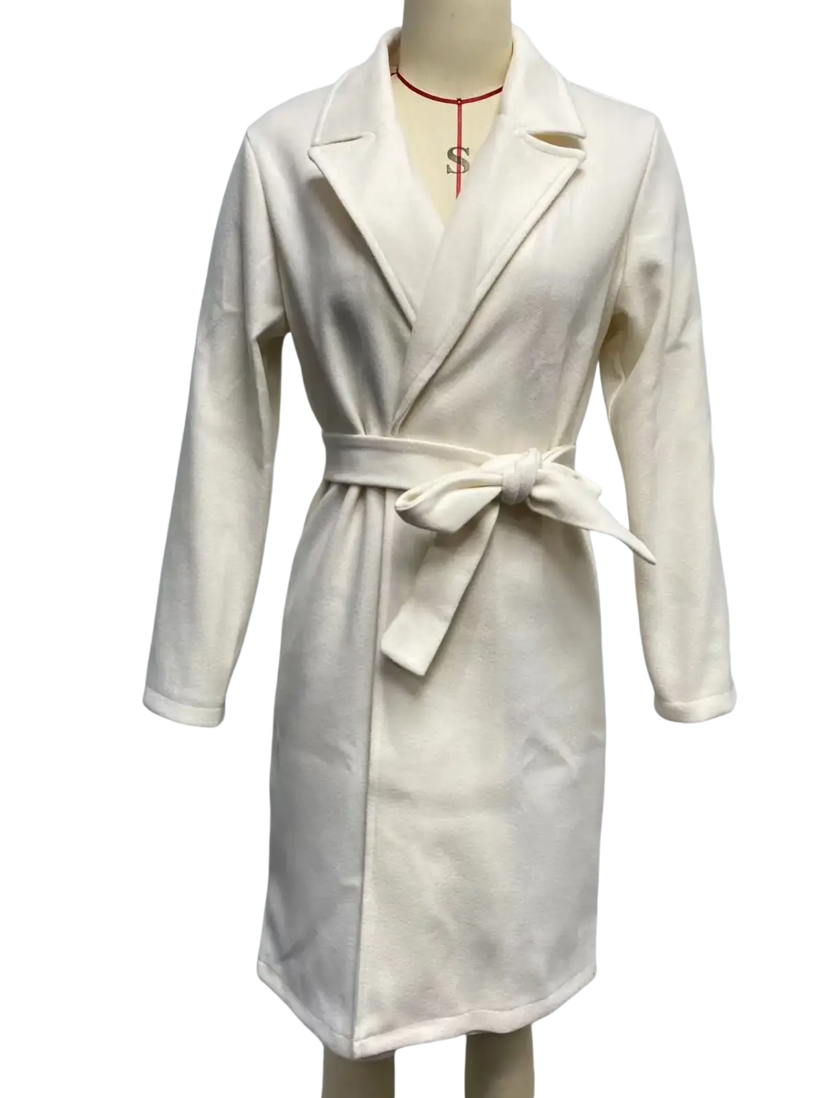 Cream-colored wool-blend belted coat with classic collar and long sleeves for women in a camel wool trench style