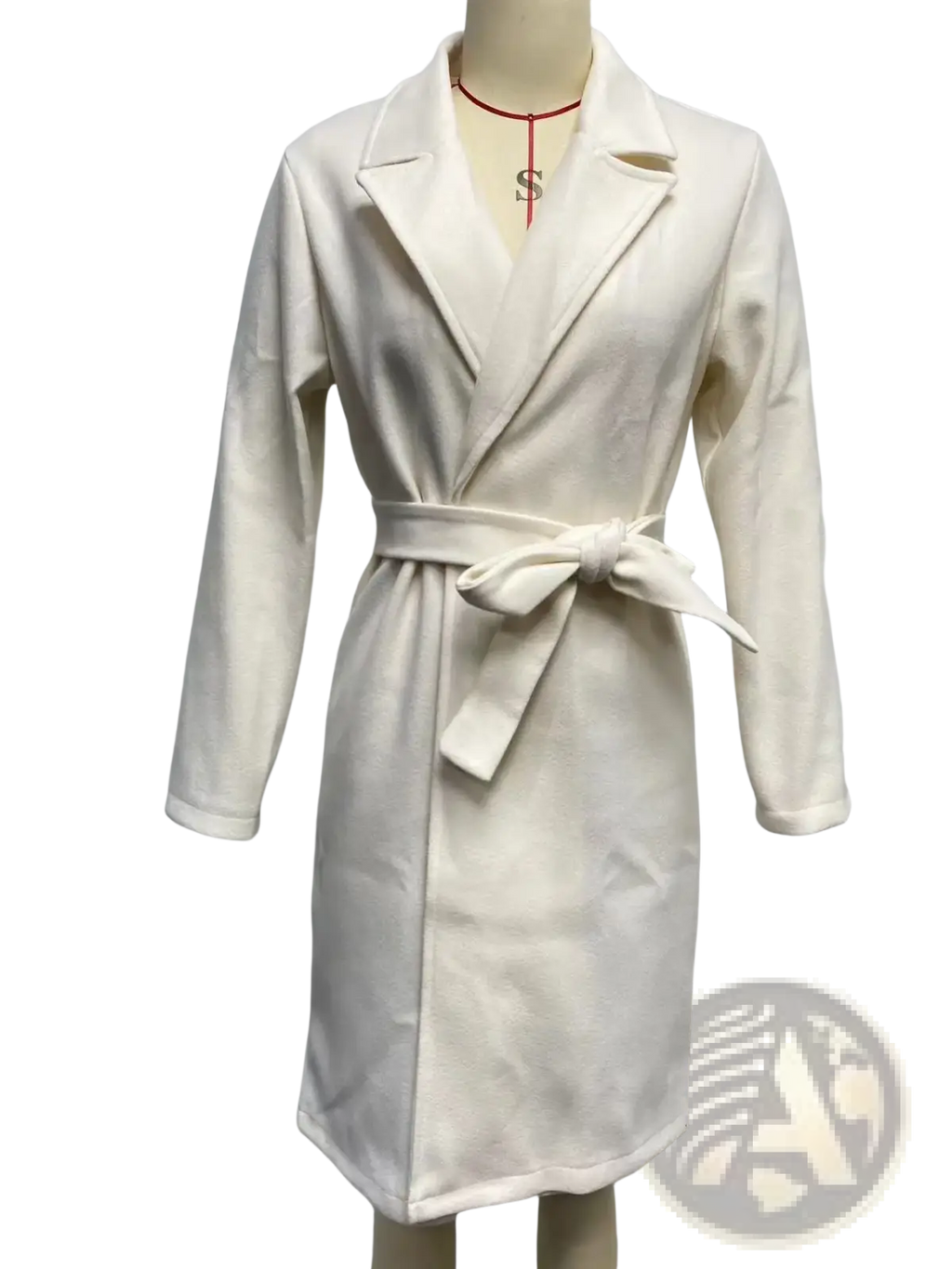Cream-colored wool-blend belted coat with classic collar and long sleeves for women in a camel wool trench style