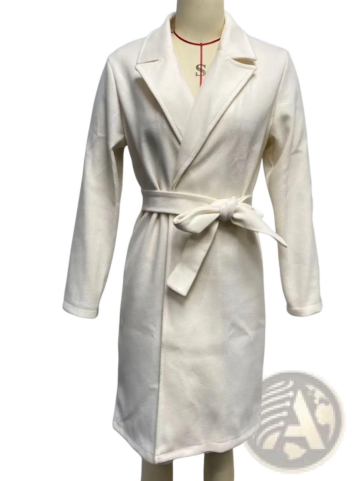 Cream-colored wool-blend belted coat with classic collar and long sleeves for women in a camel wool trench style