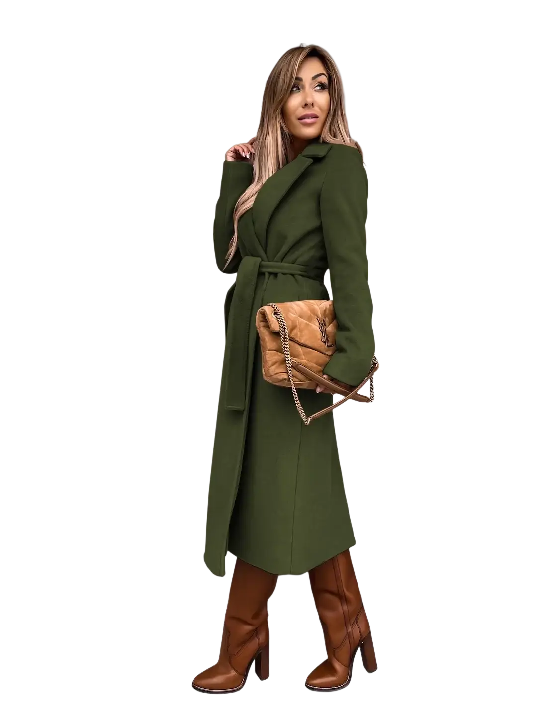 Olive green belted coat with structured silhouette and long sleeves in camel wool trench coat for women collection