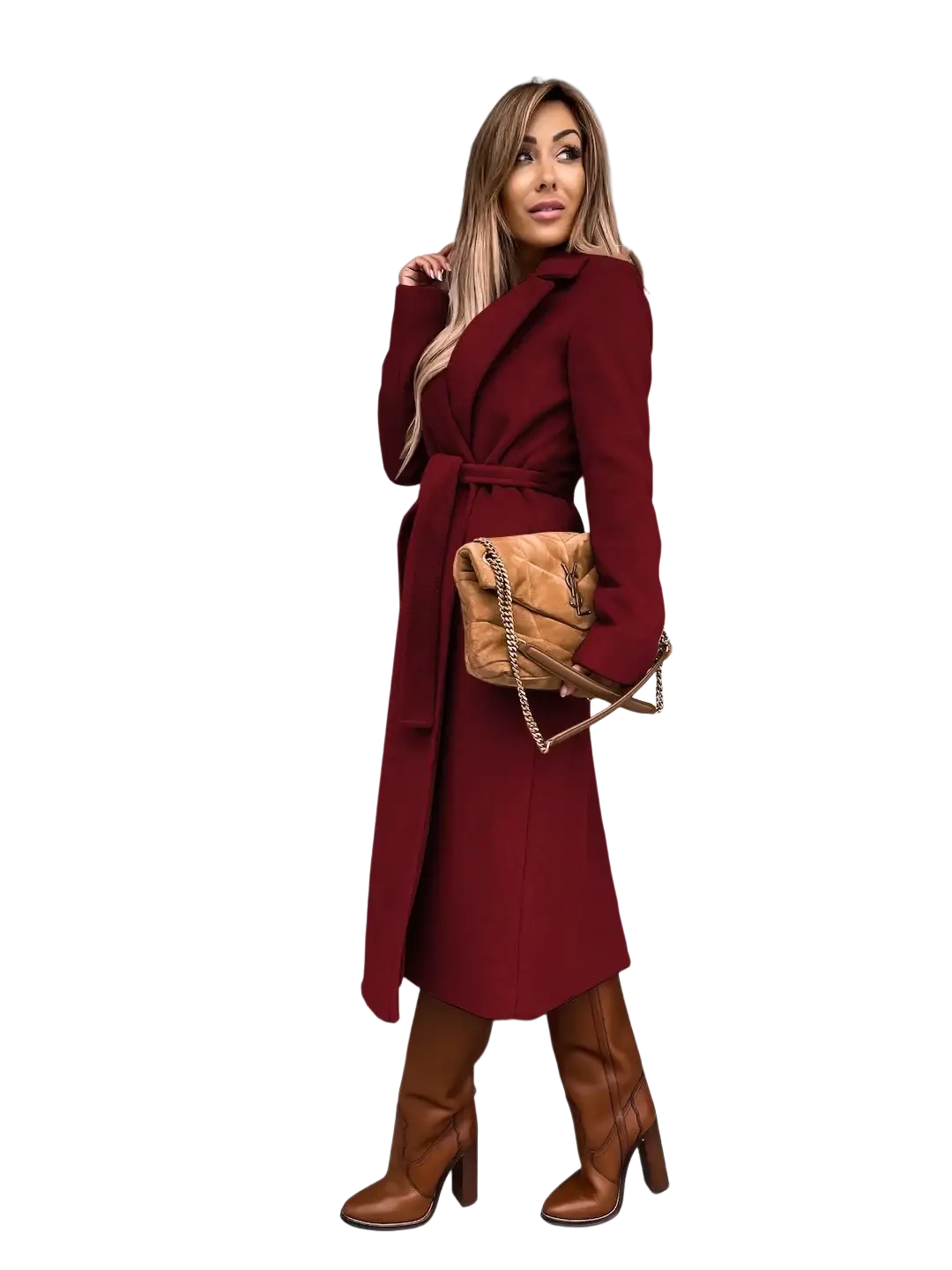 A tan quilted crossbody bag with a gold chain strap paired with a camel wool trench coat for women