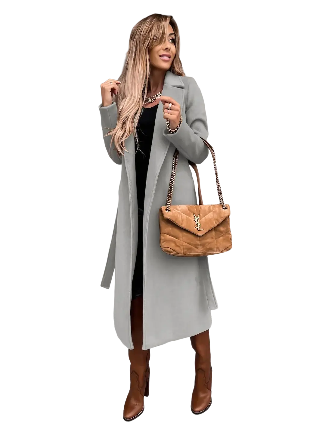 Tan quilted leather ysl handbag with chain strap paired with camel wool trench coat for women product display