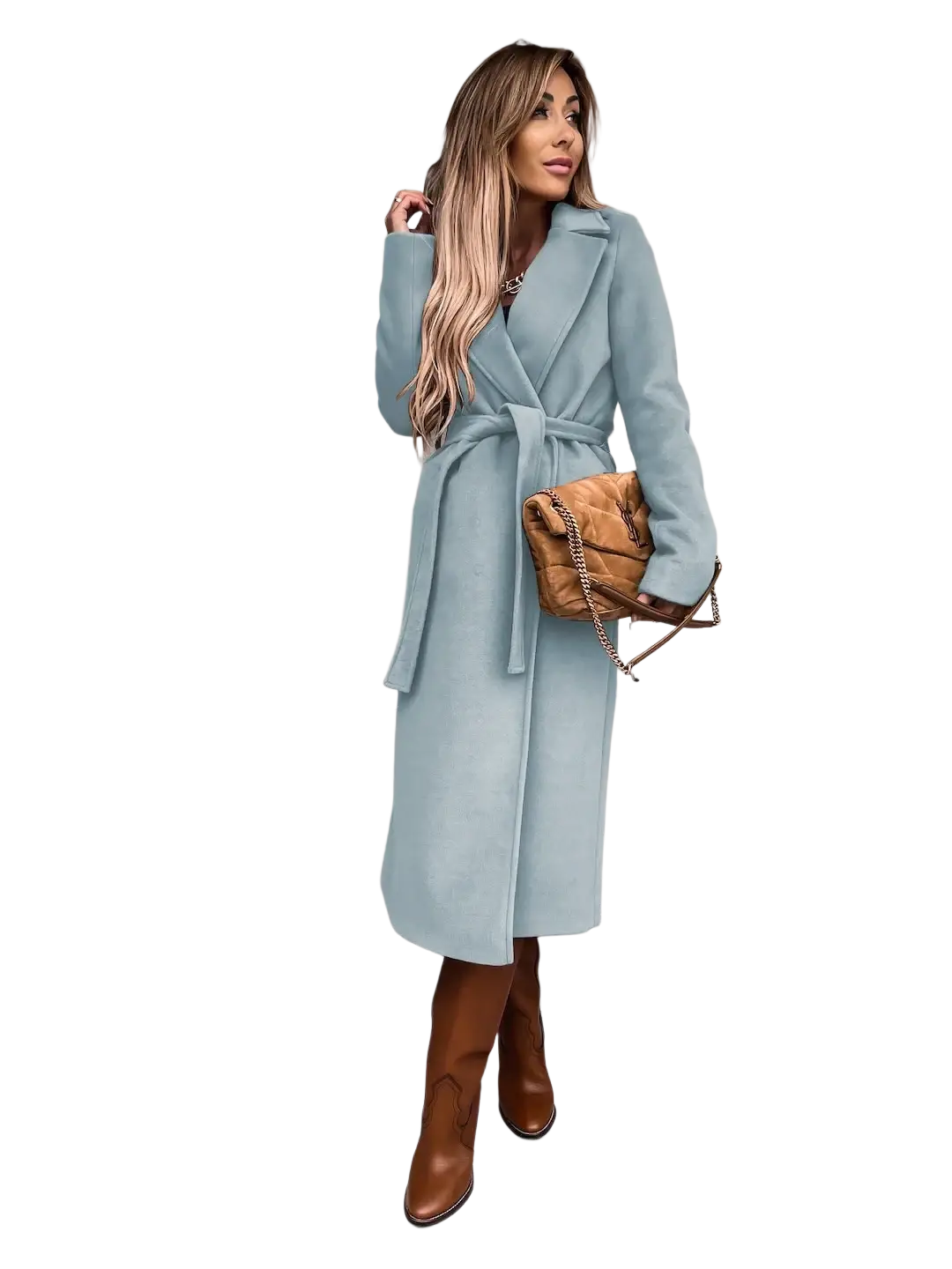 A tan quilted leather crossbody bag with chain strap featured alongside a camel wool trench coat for women