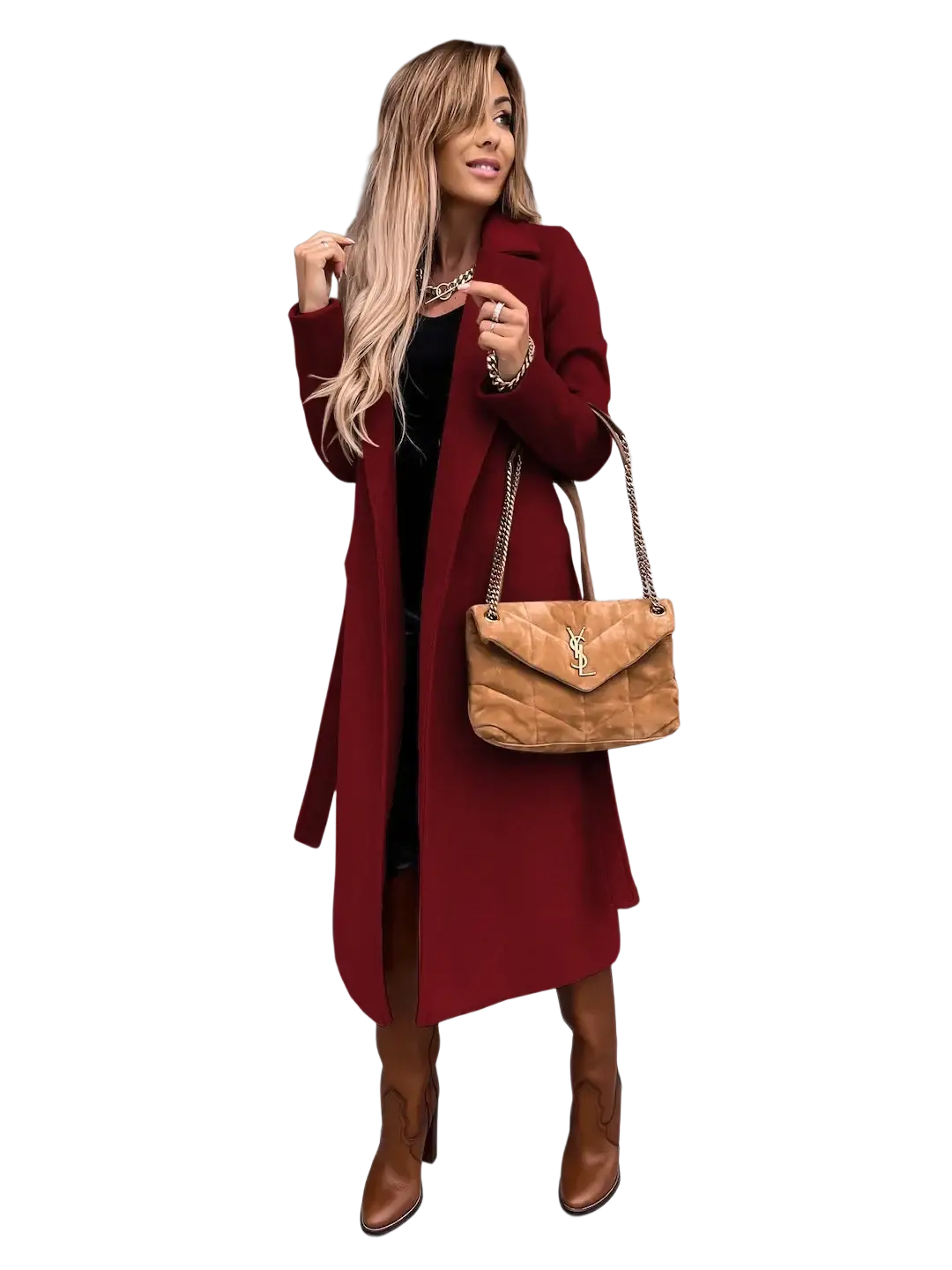 Tan quilted leather ysl handbag with gold-tone chain strap complementing camel wool trench coat for women