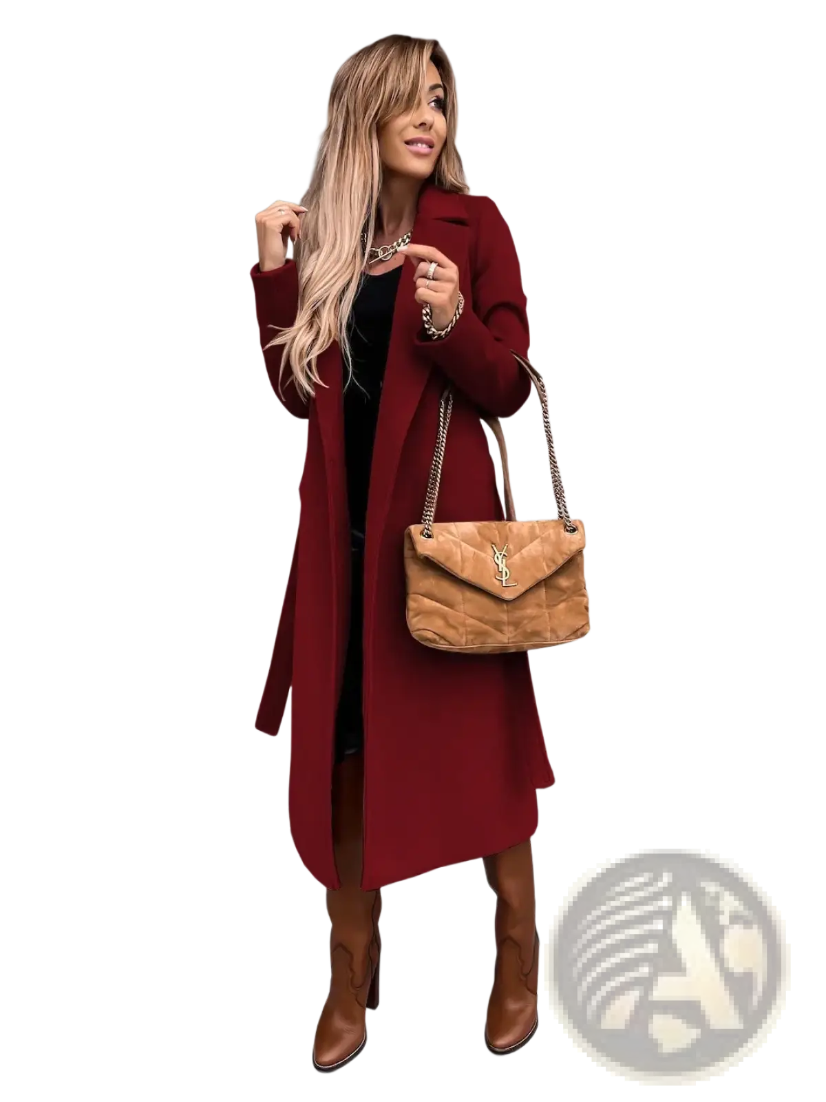 Tan quilted leather ysl handbag with gold-tone chain strap complementing camel wool trench coat for women