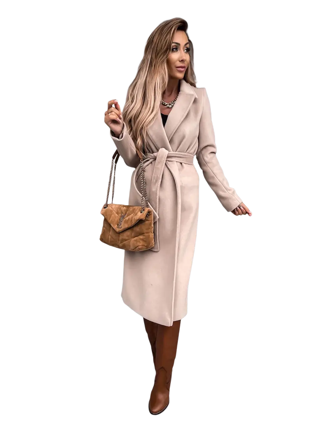 Tan quilted suede handbag with gold chain strap complementing a camel wool trench coat for women