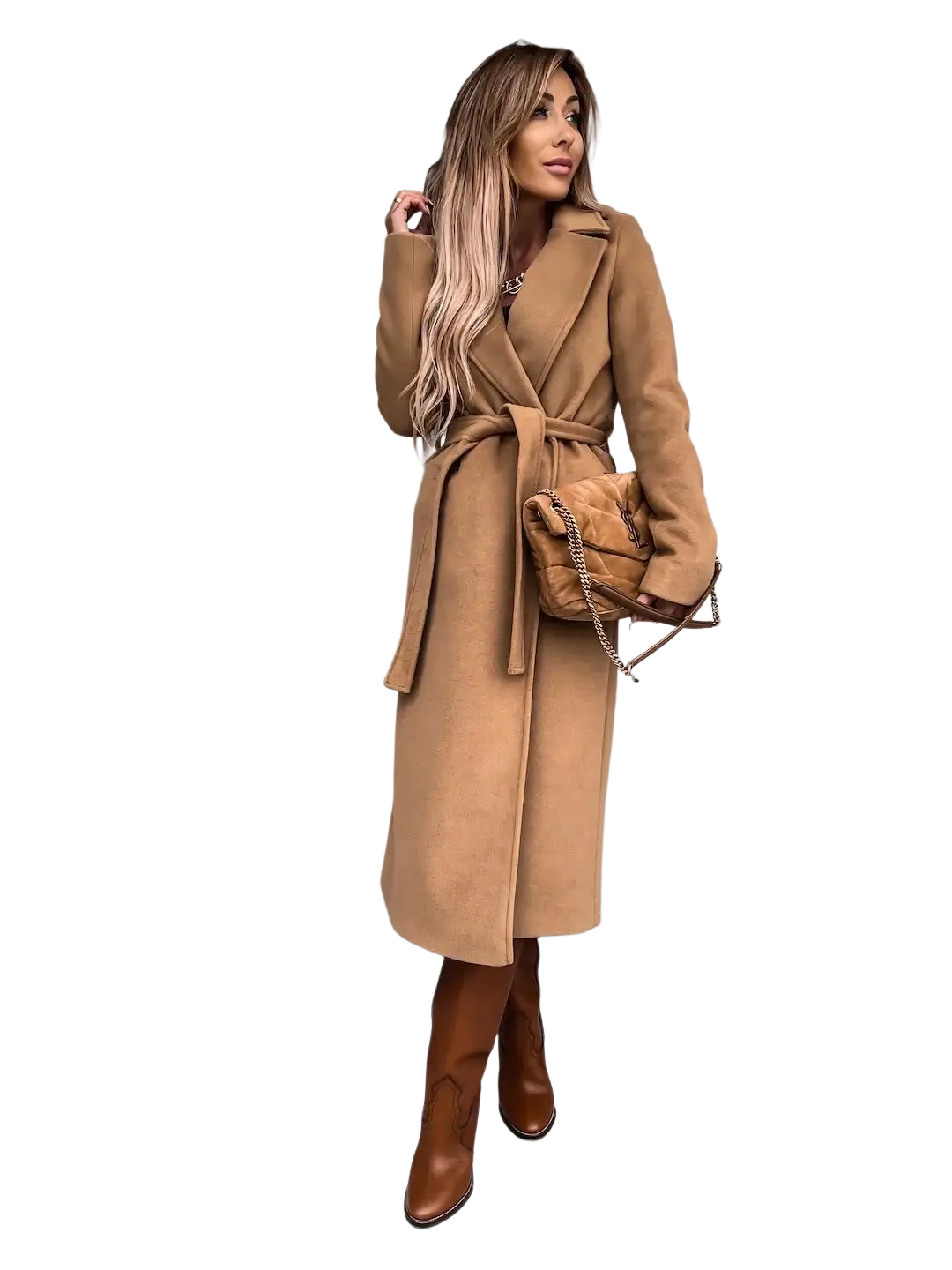 Tan woolen belted camel wool trench coat for women shown from the back side highlighting its design details