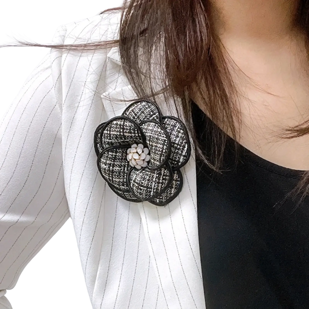 Black and white tweed camellia fabric flower brooch with central pearl embellishment for retro women pin