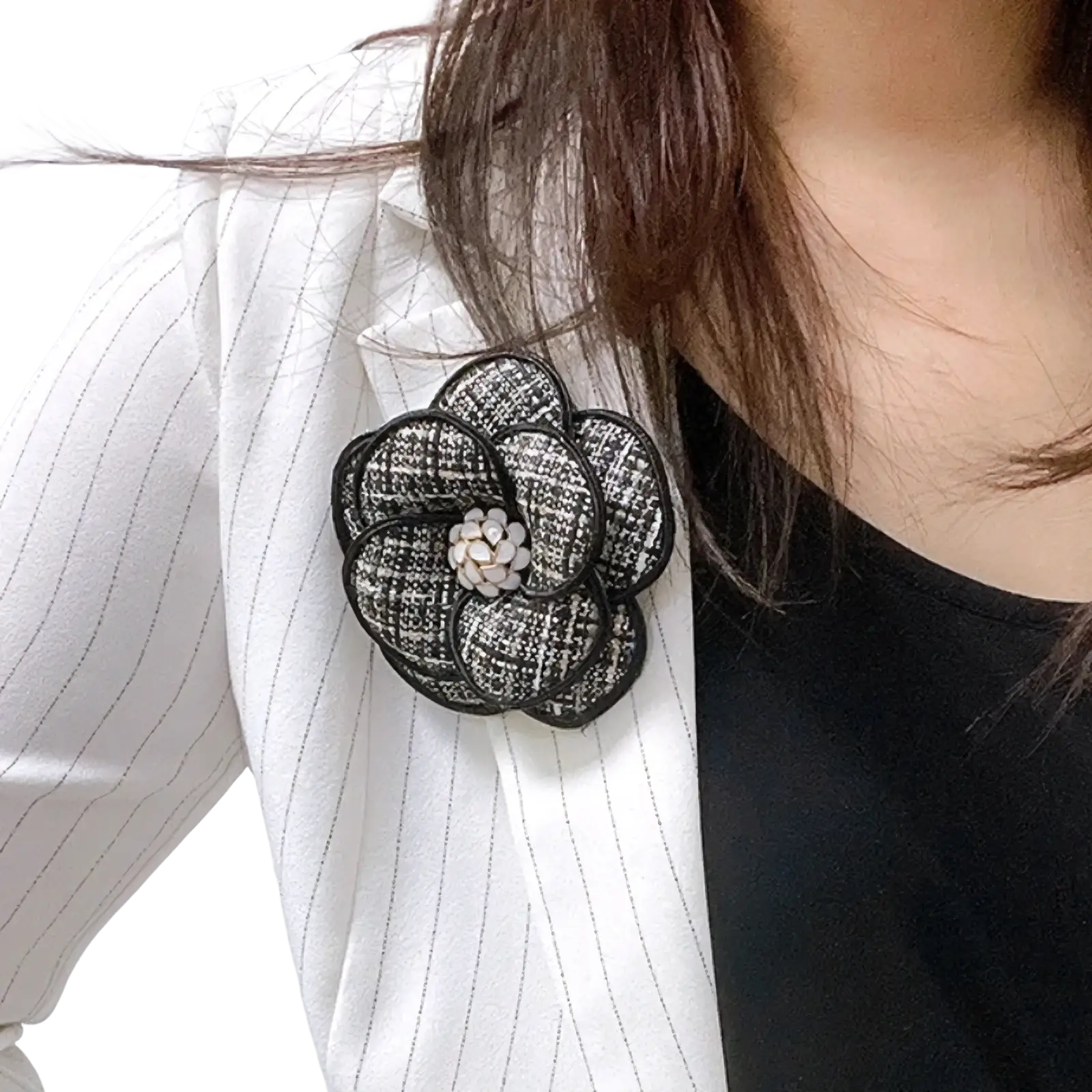 Black and white tweed camellia fabric flower brooch with central pearl embellishment for retro women pin