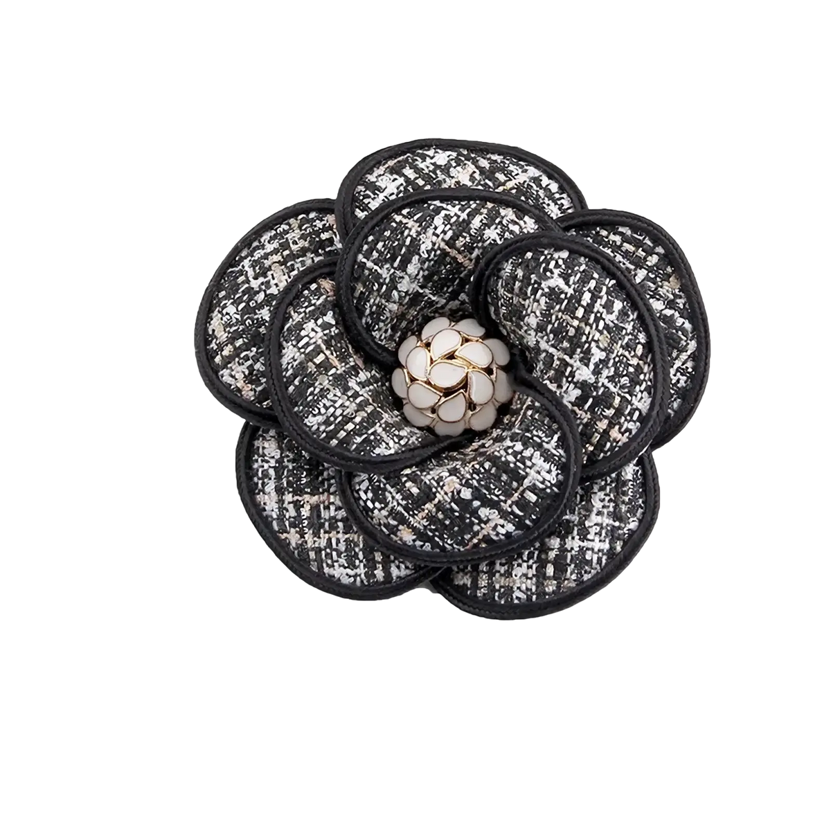 Black and white tweed camellia fabric flower brooch with a pearl-like center for retro women pin accessory