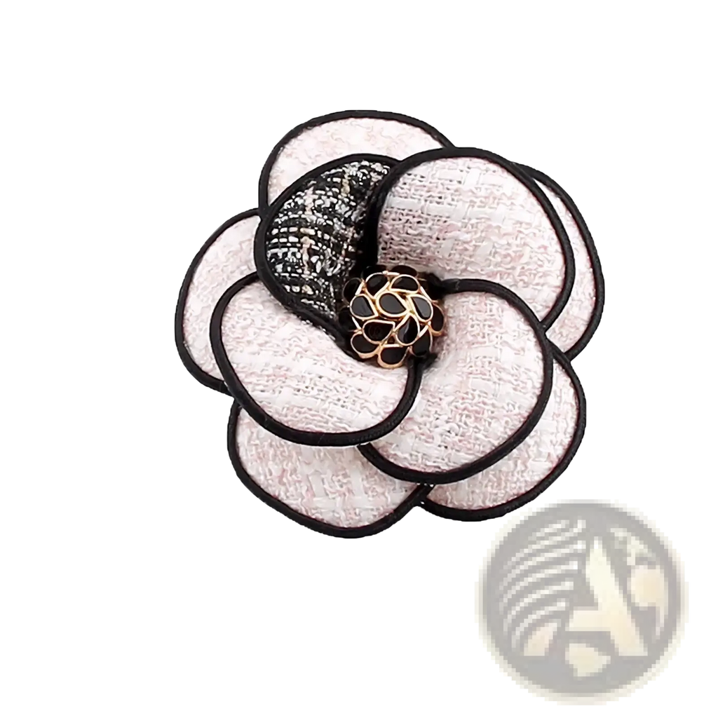 Camellia fabric flower brooch with cream textured petals black lace accents and gold-toned embellished center for women