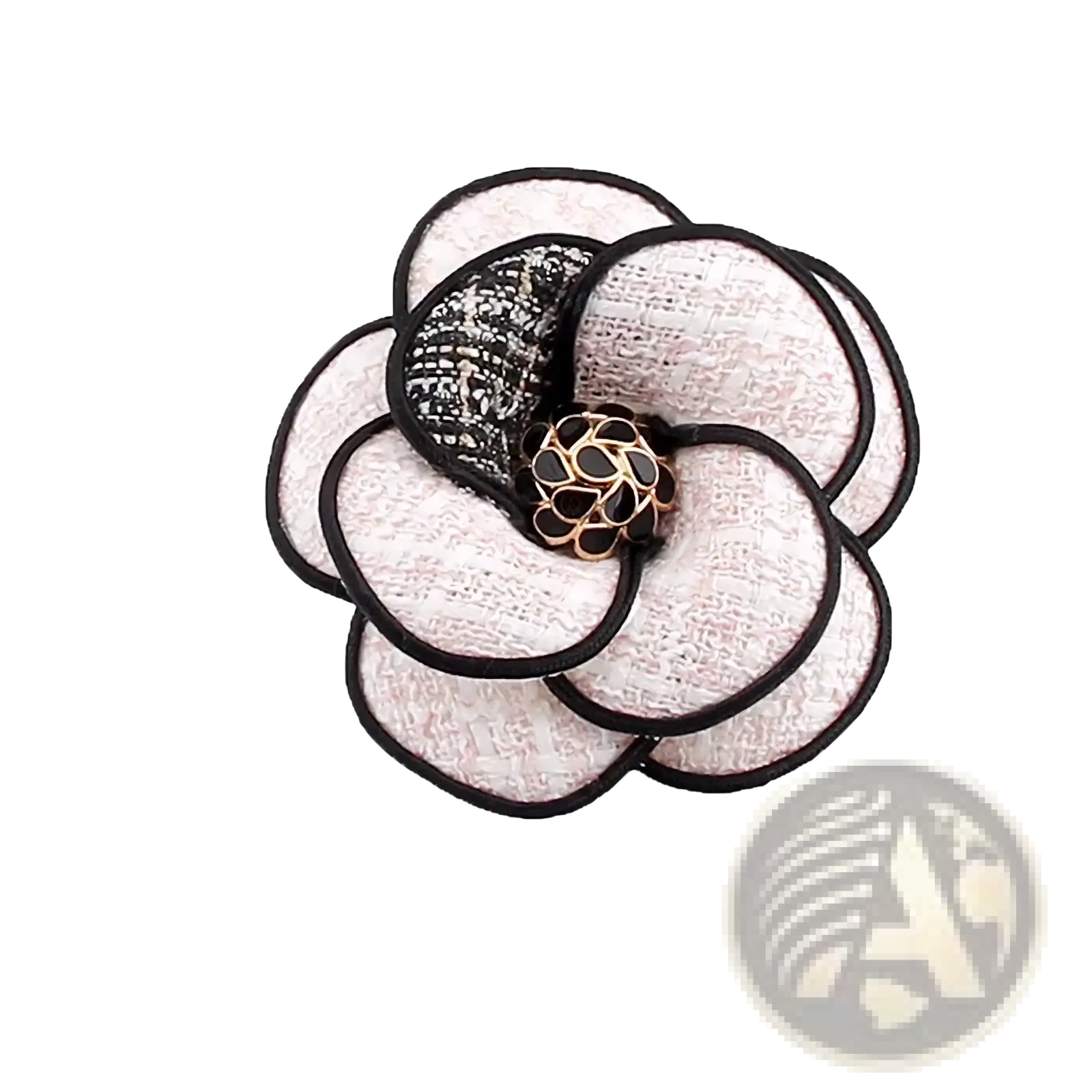 Camellia fabric flower brooch with cream textured petals black lace accents and gold-toned embellished center for women