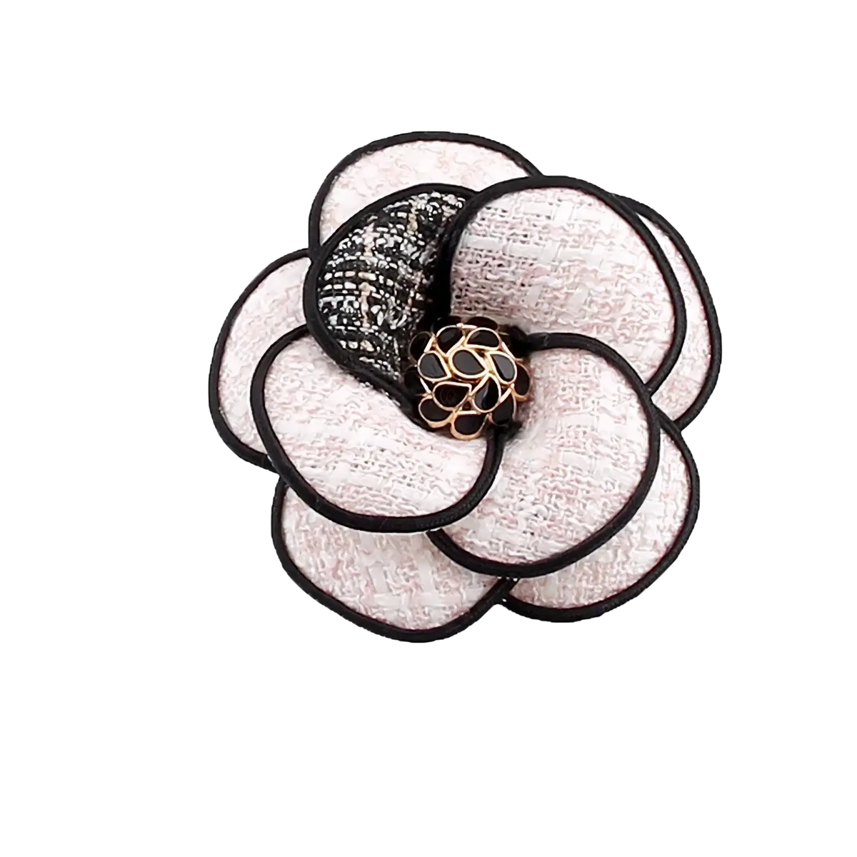 Camellia fabric flower brooch with cream textured petals black lace accents and gold-toned embellished center for women