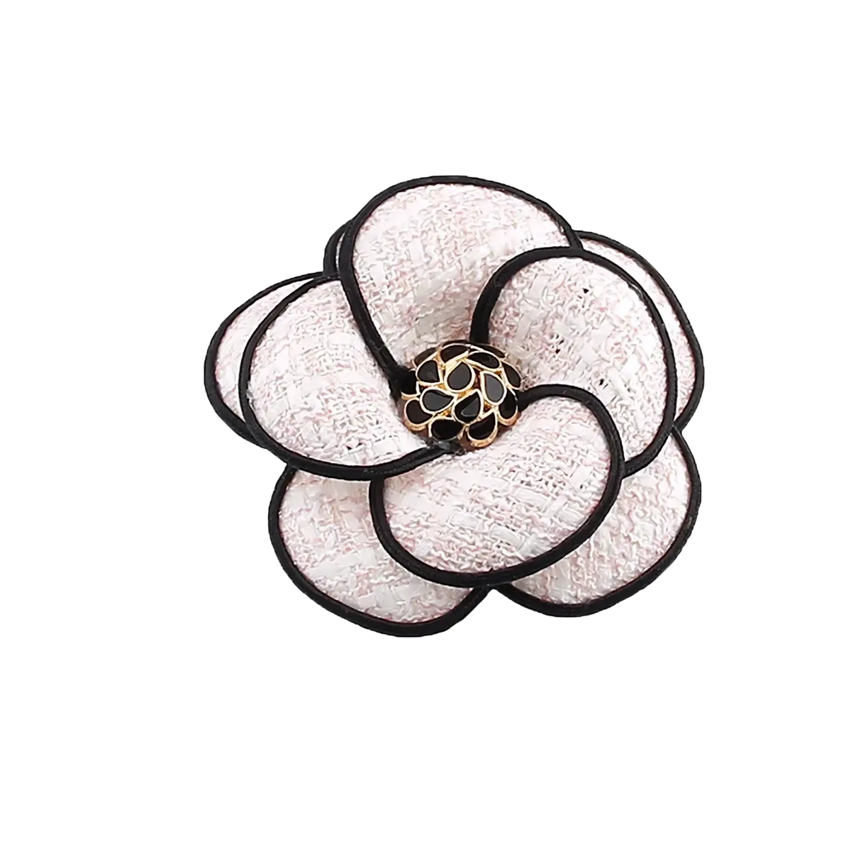 Camellia fabric flower brooch with delicate off-white petals black embroidered edges and a gold-toned faceted center