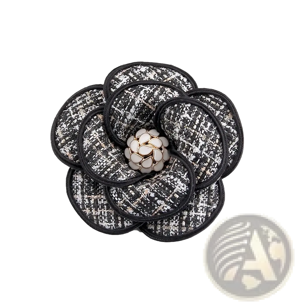 Elegant black and white tweed camellia fabric flower brooch with central cluster of pearl-like beads for women pin