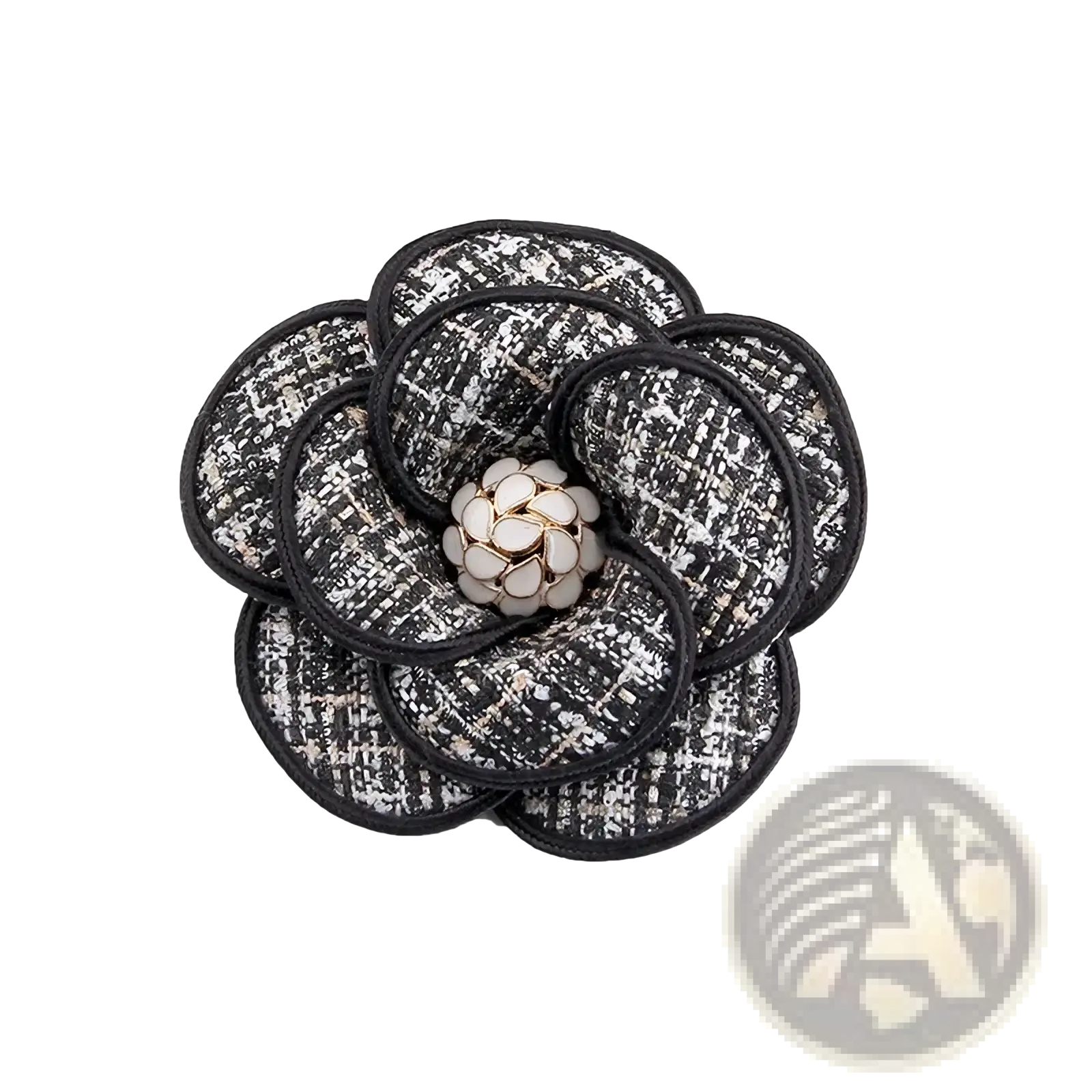 Elegant black and white tweed camellia fabric flower brooch with central cluster of pearl-like beads for women pin
