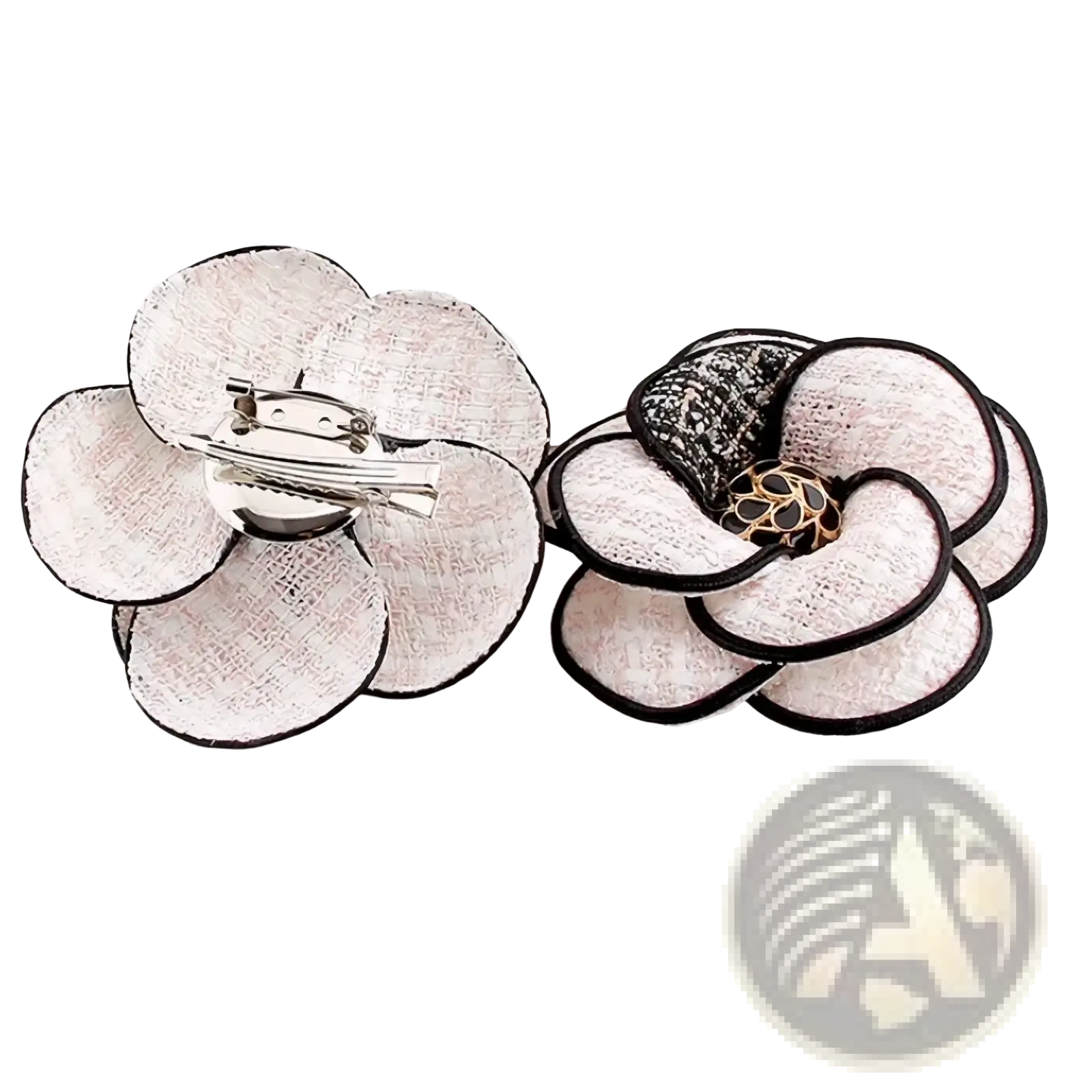 Elegant white and black camellia fabric flower brooch with textured petals and gold-toned center accent for women
