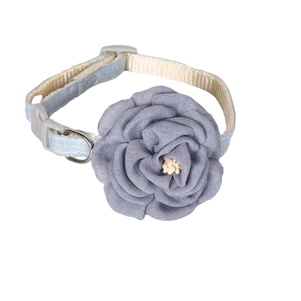 A delicate blue fabric camellia flower adorns a light blue woven adjustable cat collar with a white buckle