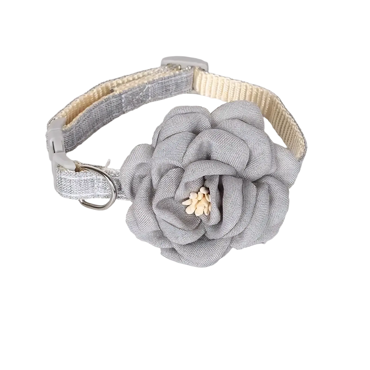 A delicate grey fabric camellia flower adorns a shimmering silver-toned adjustable cat collar with a metallic buckle