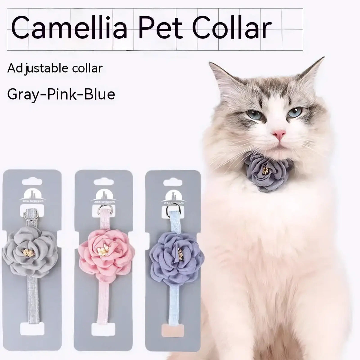 Camellia flower adjustable cat collar with gray pink and blue floral design and adjustable straps for comfortable fit