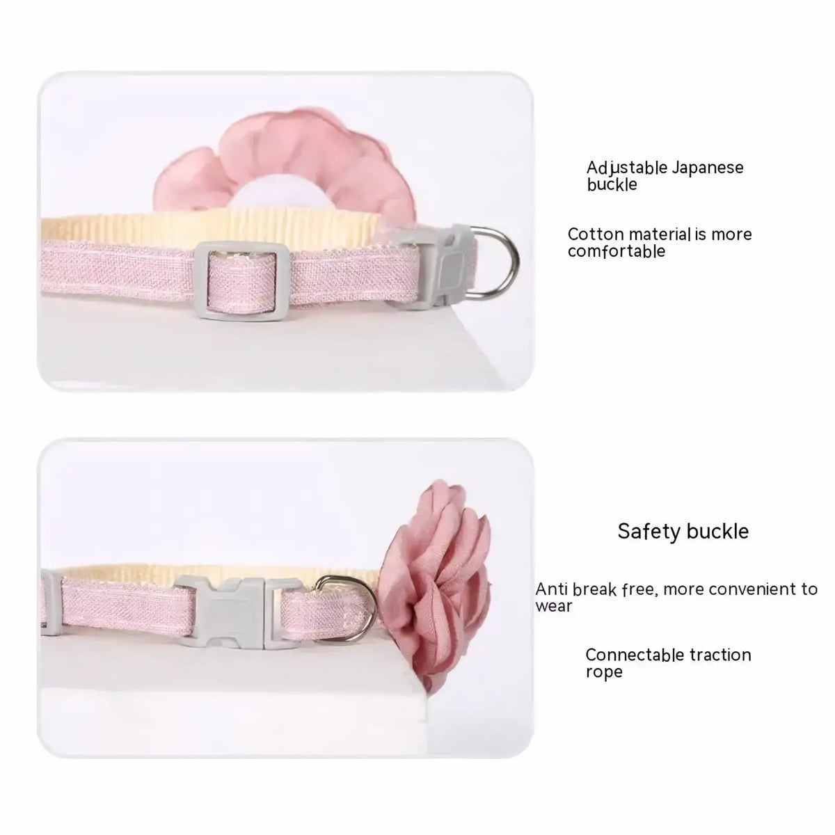 Pink cotton cat collar with camellia flower embellishment and adjustable japanese buckle for comfortable fit