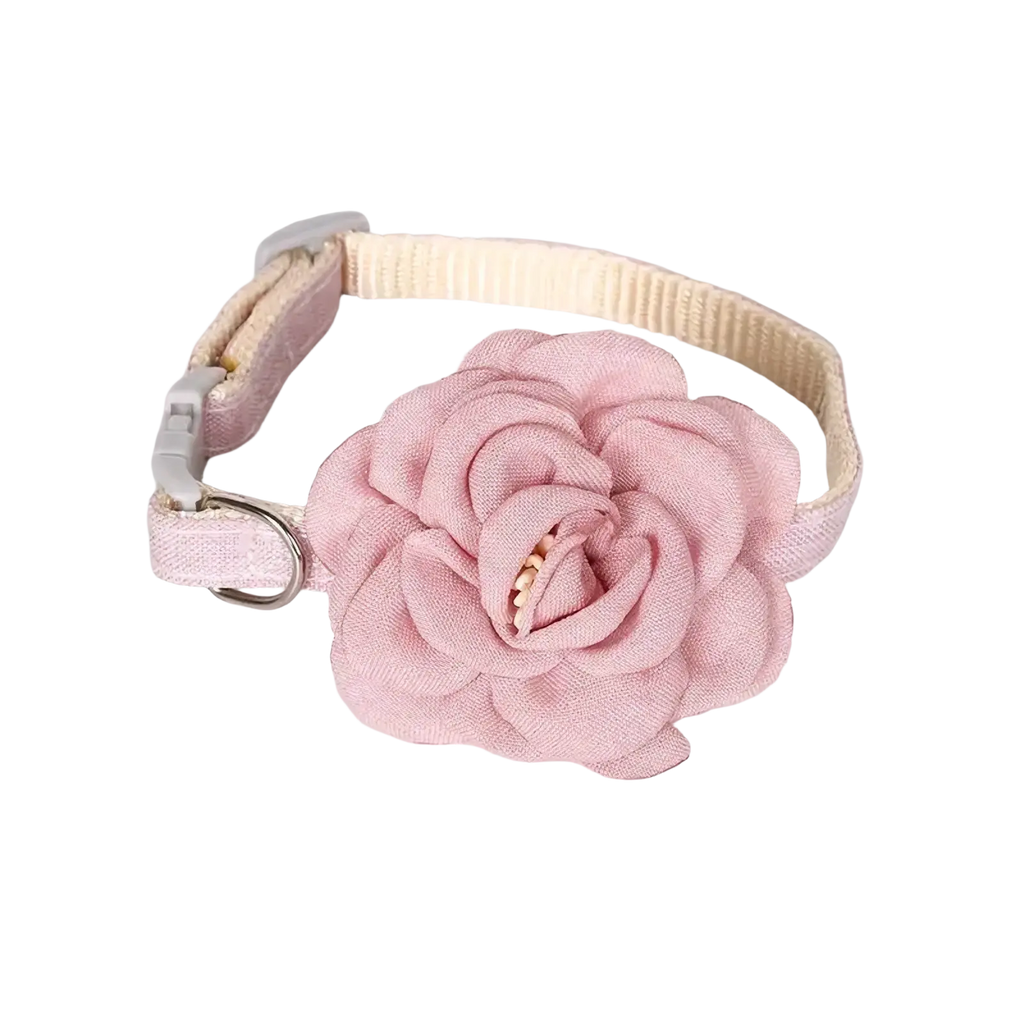 Pink fabric camellia flower adjustable cat collar with beige strap and silver buckle
