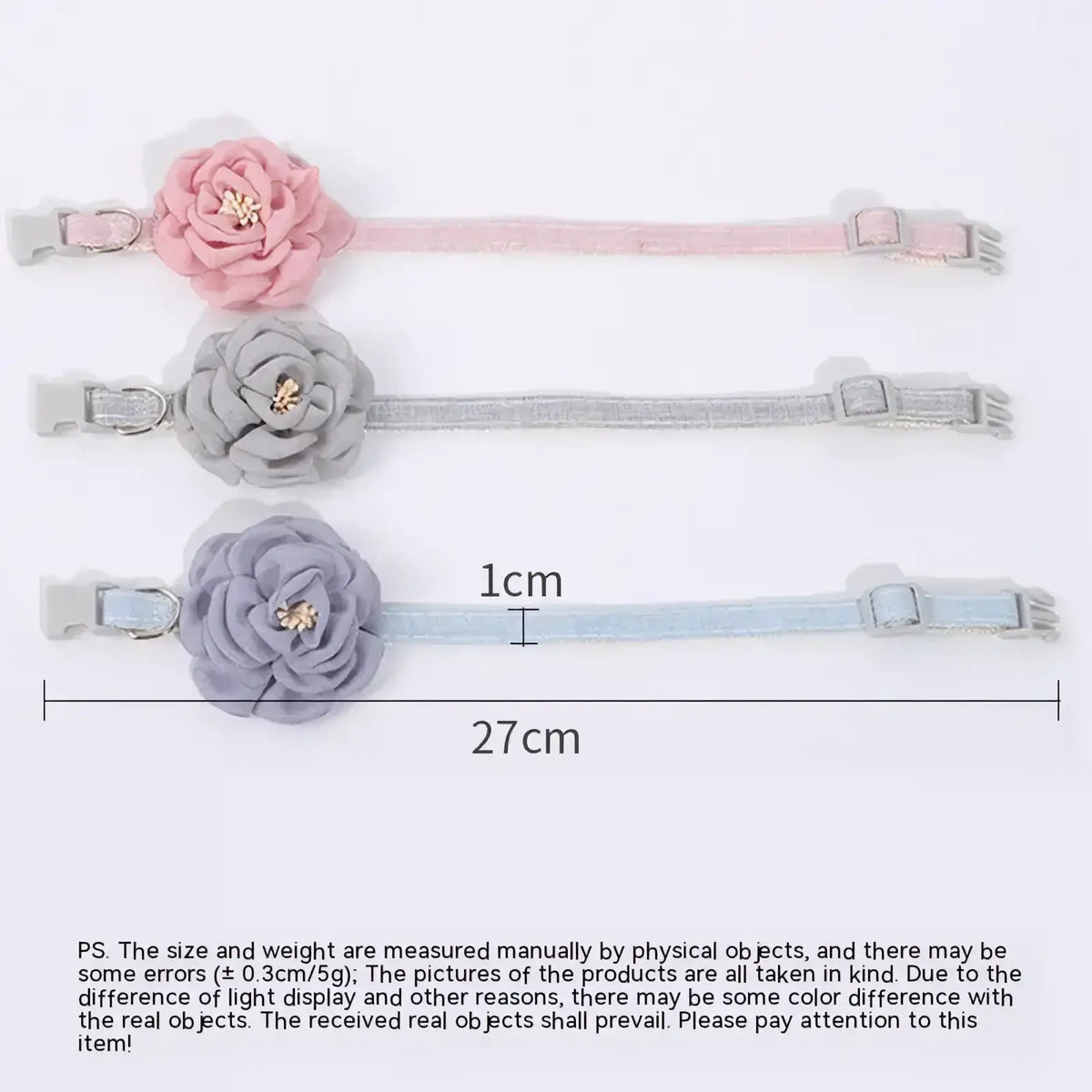 Camellia flower adjustable cat collar with pink gray and lavender fabric roses and metallic centers