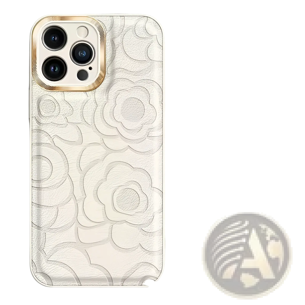 Back side of white leather camellia phone case for iphone 11 to 14 with embossed floral pattern and gold camera trim