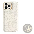 Back side of white leather camellia phone case for iphone 11 to 14 with embossed floral pattern and gold camera trim