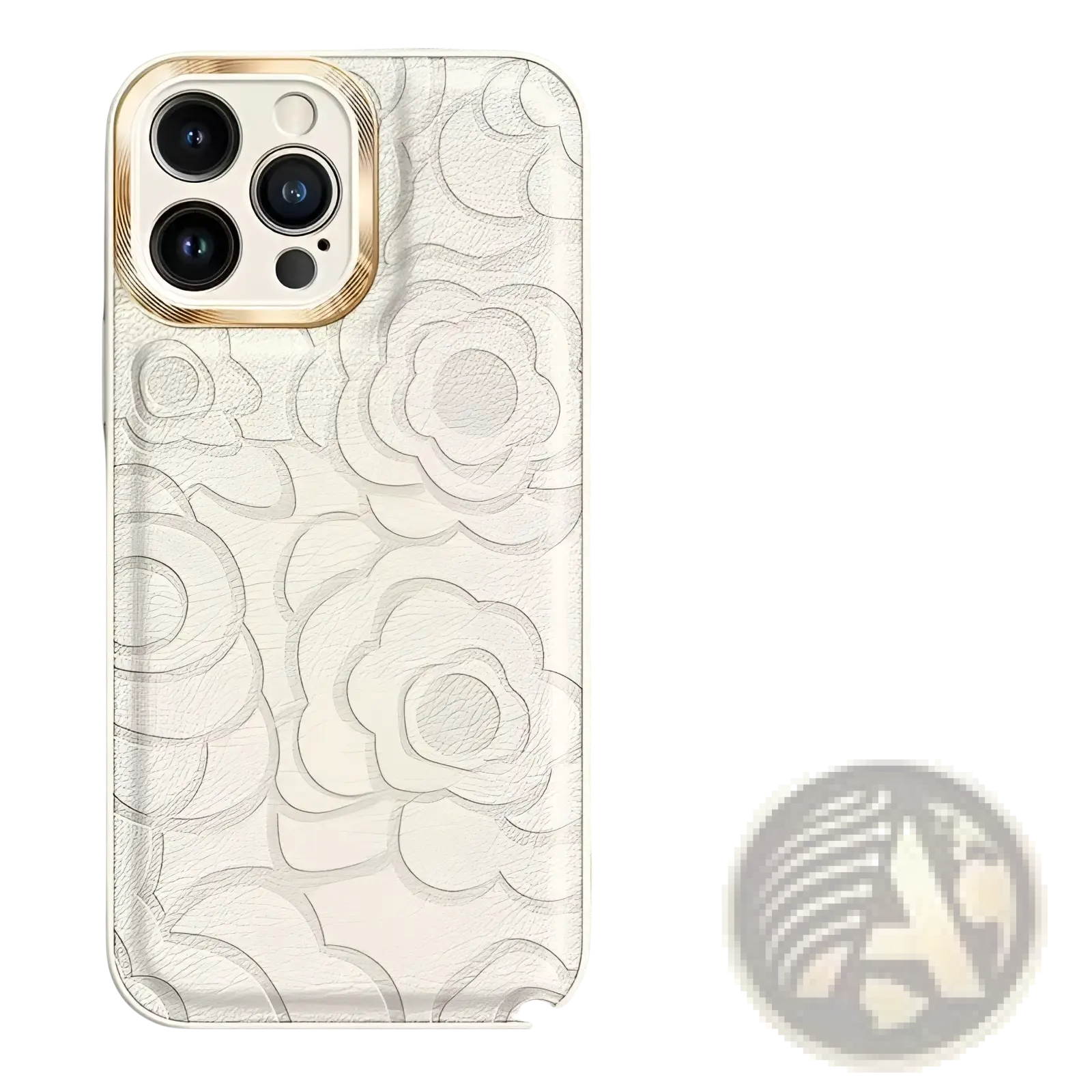 Back side of white leather camellia phone case for iphone 11 to 14 with embossed floral pattern and gold camera trim