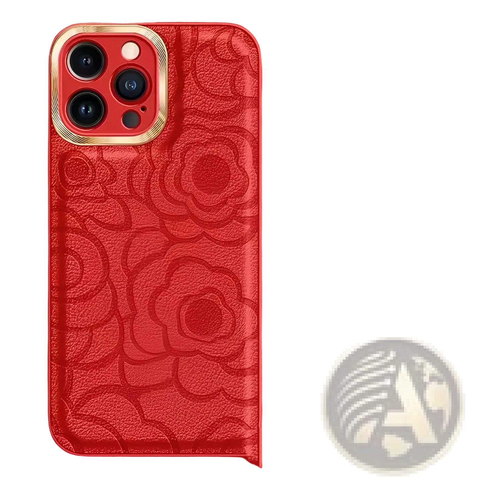 Red leather camellia phone case for iPhone 11 to 14 with embossed floral pattern and gold-trimmed camera cutout back view