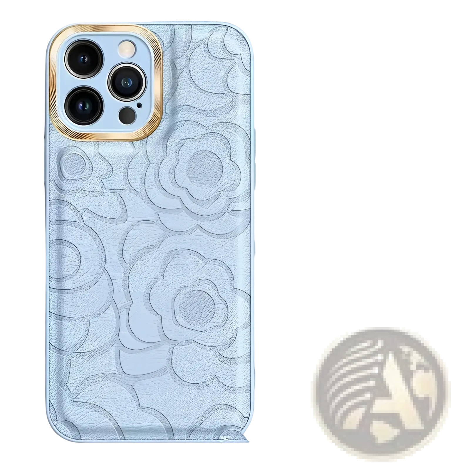 Light blue floral-patterned leather camellia phone case for iPhone 11 to 14 with gold-trimmed camera cutout back view