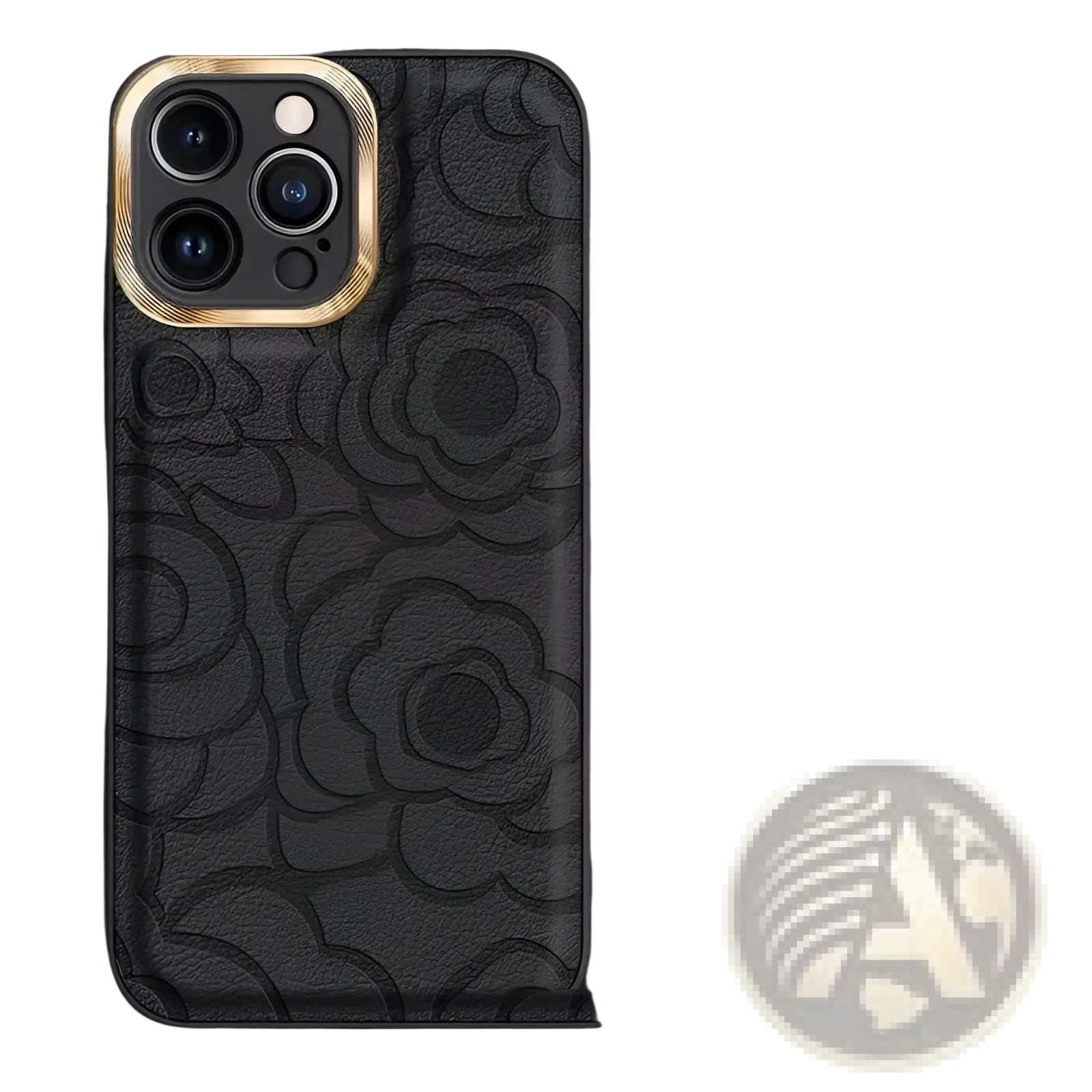 Back side of black leather camellia phone case for iphone 11 to 14 with embossed floral pattern and gold camera cutout