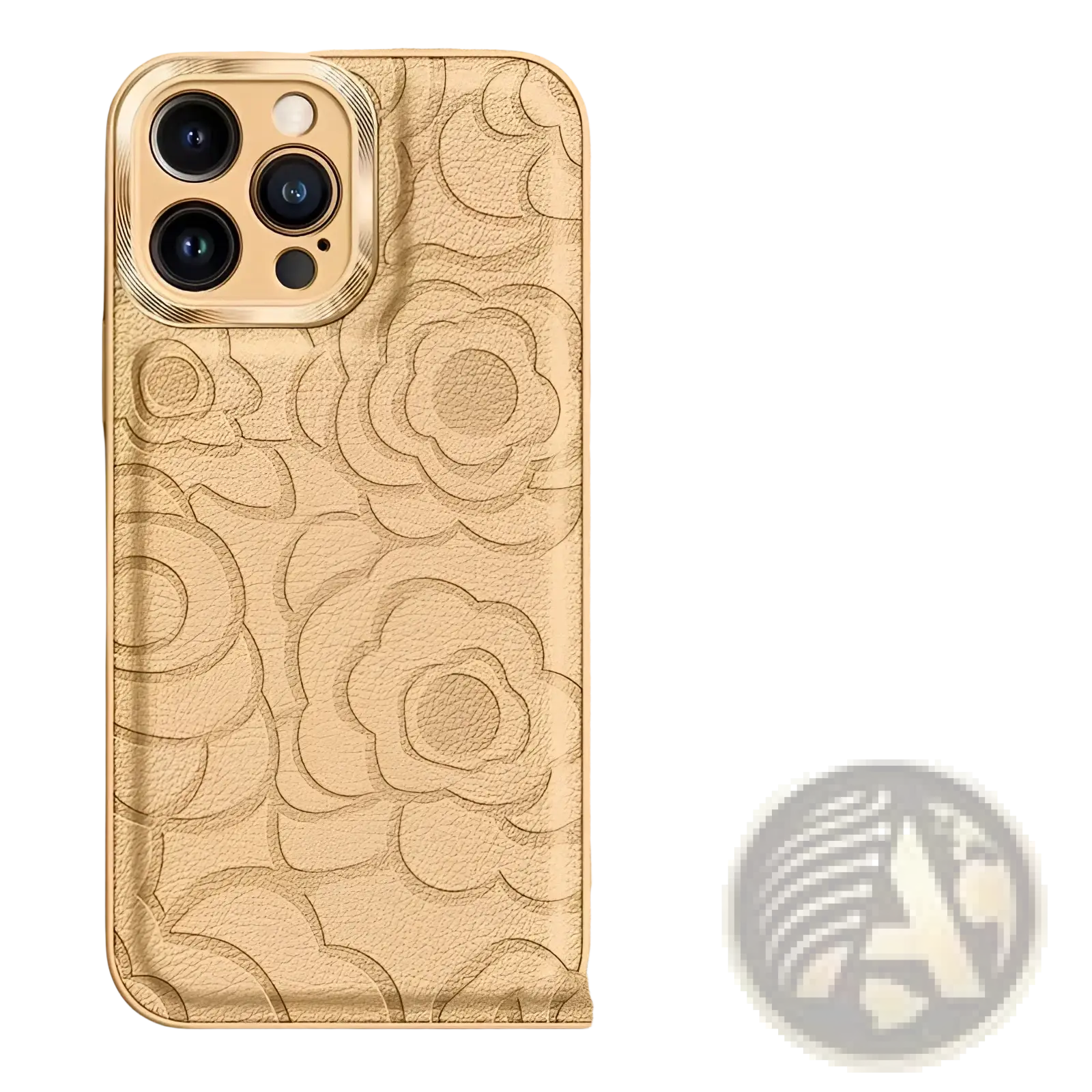 Gold-colored leather camellia phone case for iphone 11 to 14 with embossed floral pattern showing the back side