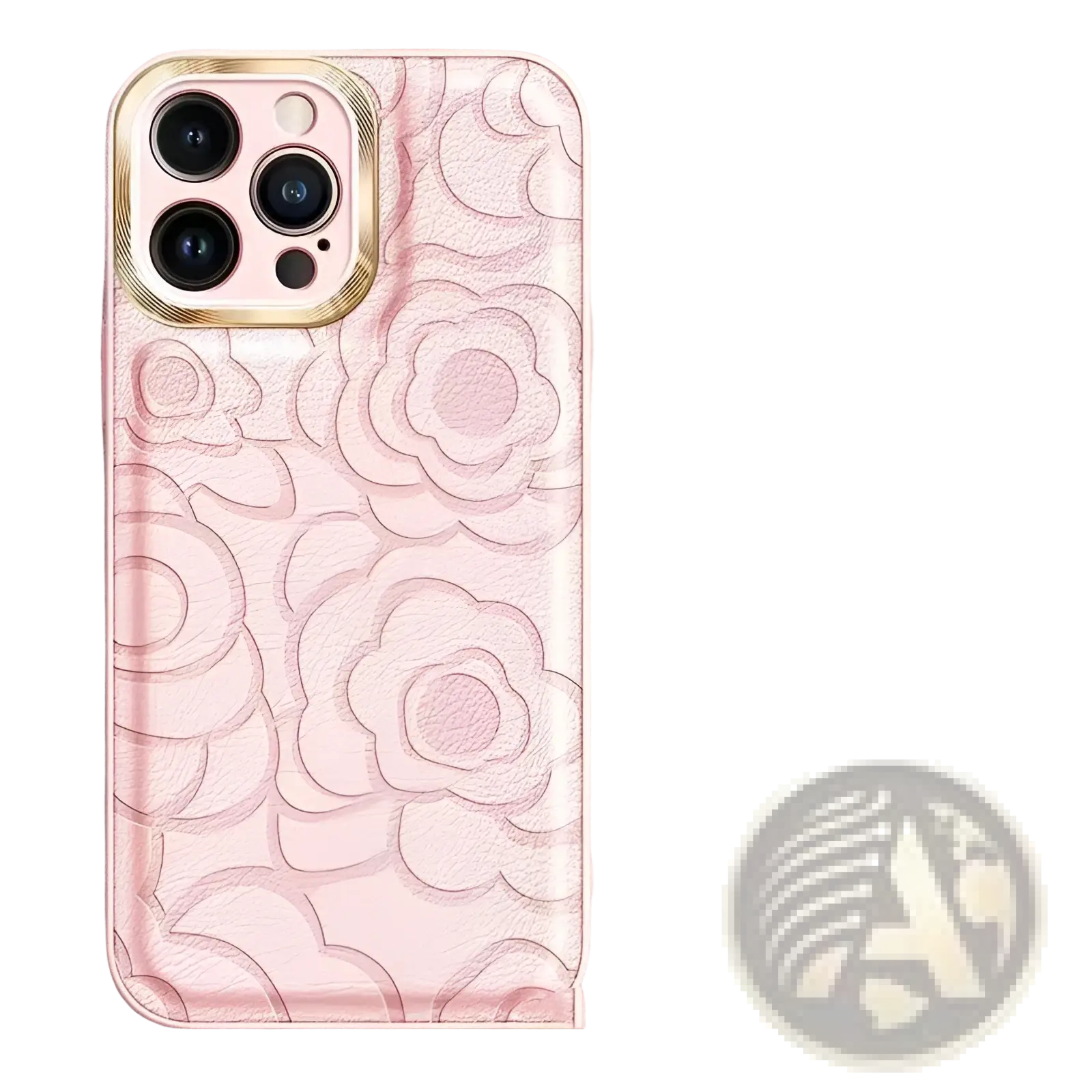 Back side of a pink floral embossed camellia leather phone case for iPhone 11 to 14 with gold-trimmed camera cutout