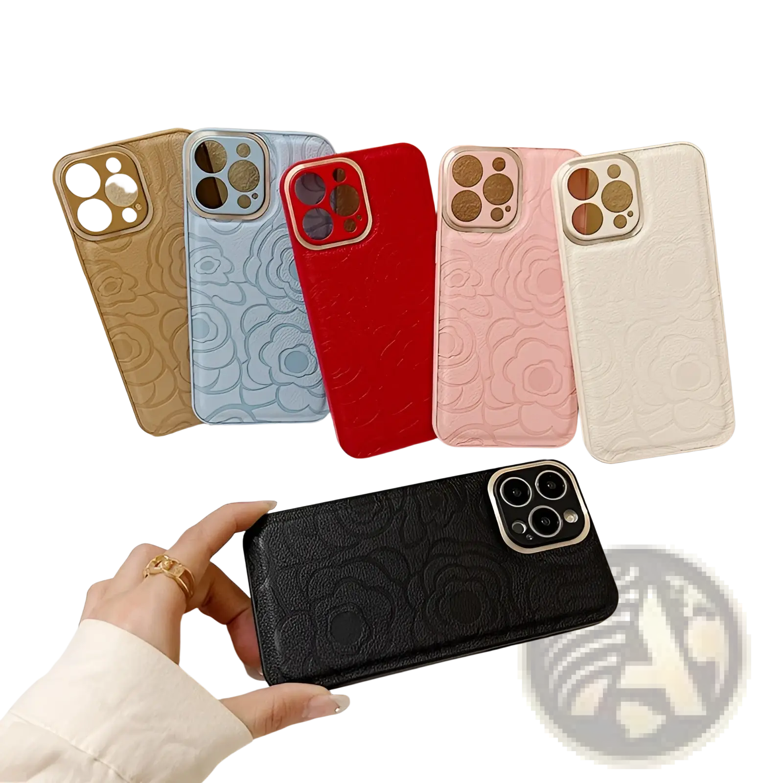 Back of camellia leather phone case for iPhone 11 to 14 with black floral embossing and gold-trimmed camera cutout