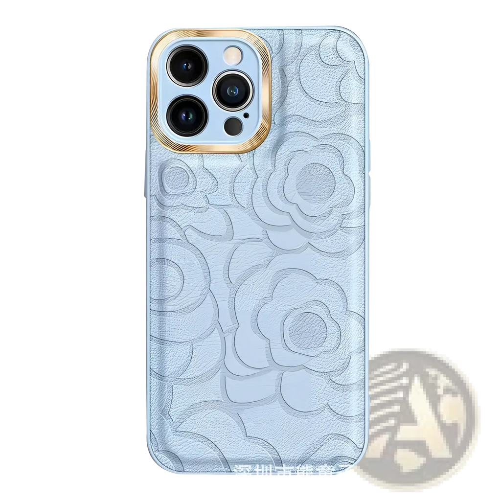 Back side of a light blue floral patterned camellia leather phone case for iphone 11 to 14 with gold trimmed camera cutout