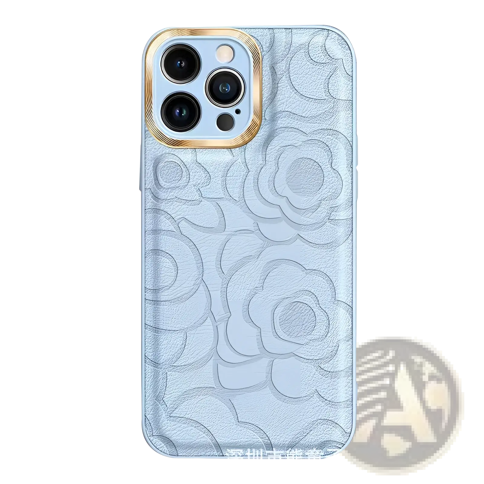 Back side of a light blue floral patterned camellia leather phone case for iphone 11 to 14 with gold trimmed camera cutout