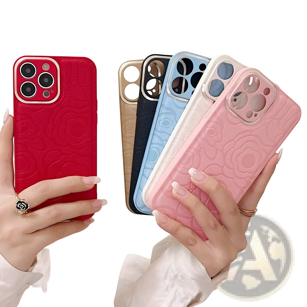 Back side of red camellia leather phone case for iPhone 11 to 14 with floral embossing and textured matte finish
