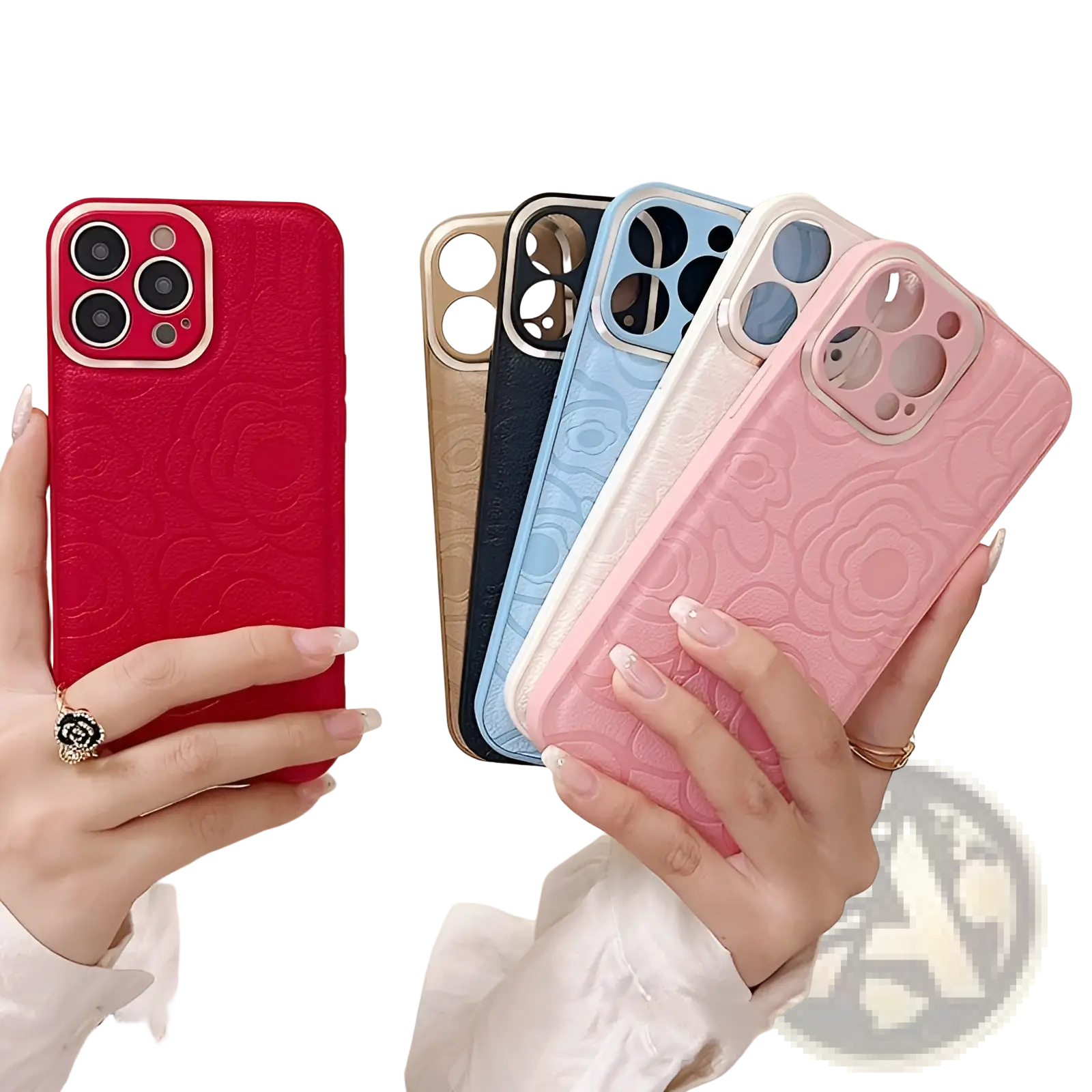 Back side of camellia leather phone case for iPhone 11 to 14 with red floral embossing and textured matte finish
