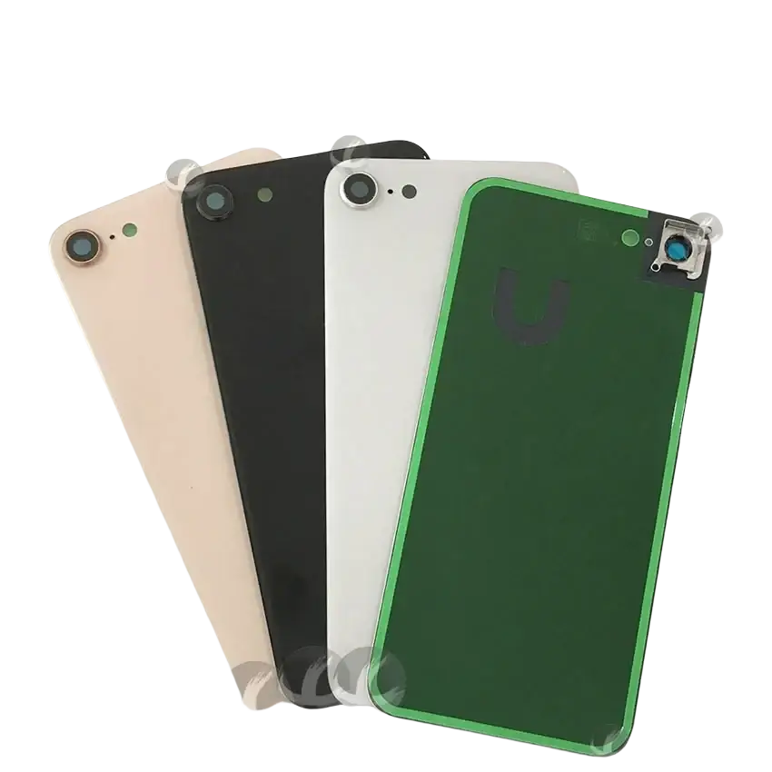 Photo of iphone 8 se2 se3 back covers in gold black white and green with camera lens frame glass housing