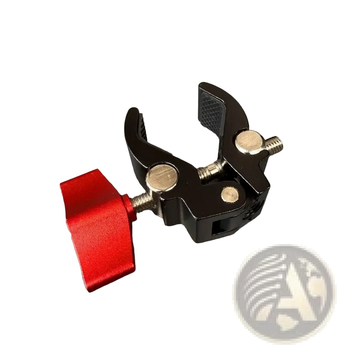 Black and red aluminum alloy camera super clamp with textured grip designed for clamping 13-48mm diameter objects
