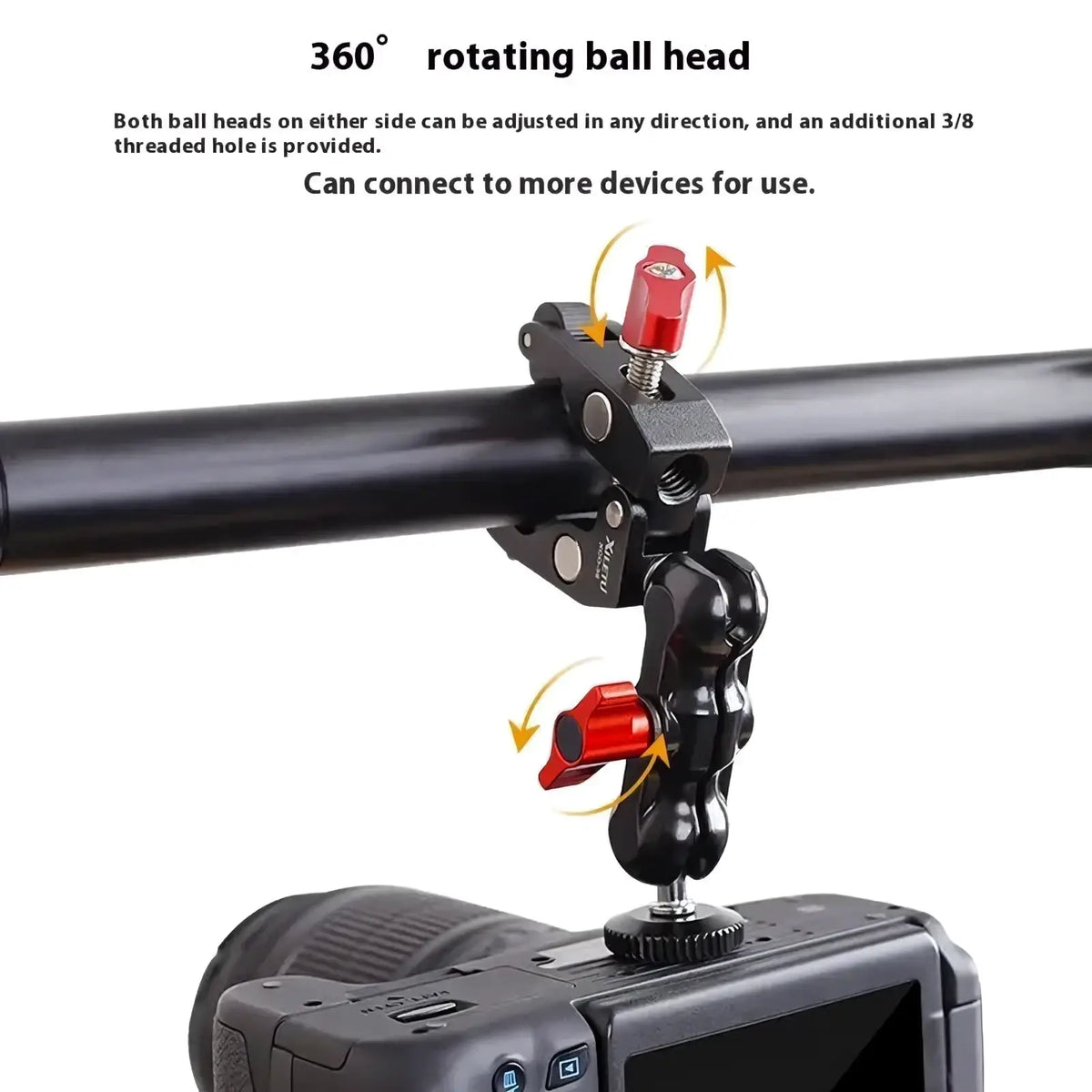 Black and red 360-degree rotating ball head clamp for camera mounting in camera super clamp with magic arm set